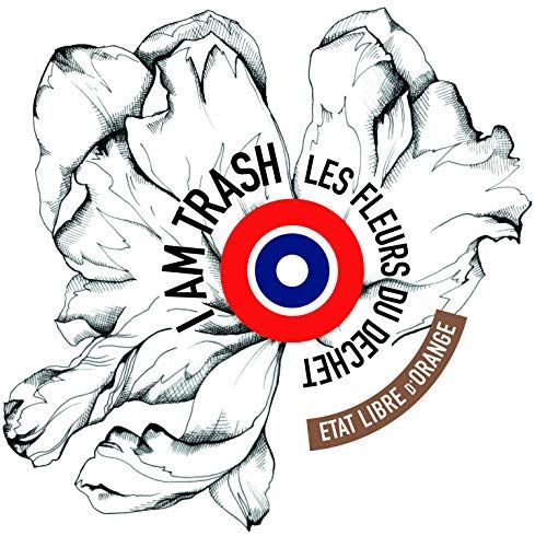 Blumen-Design mit Logo und Text: I Am Trash Les Fleurs du Déchet Etat Libre d'Orange. Runder Kreis mit Farben.