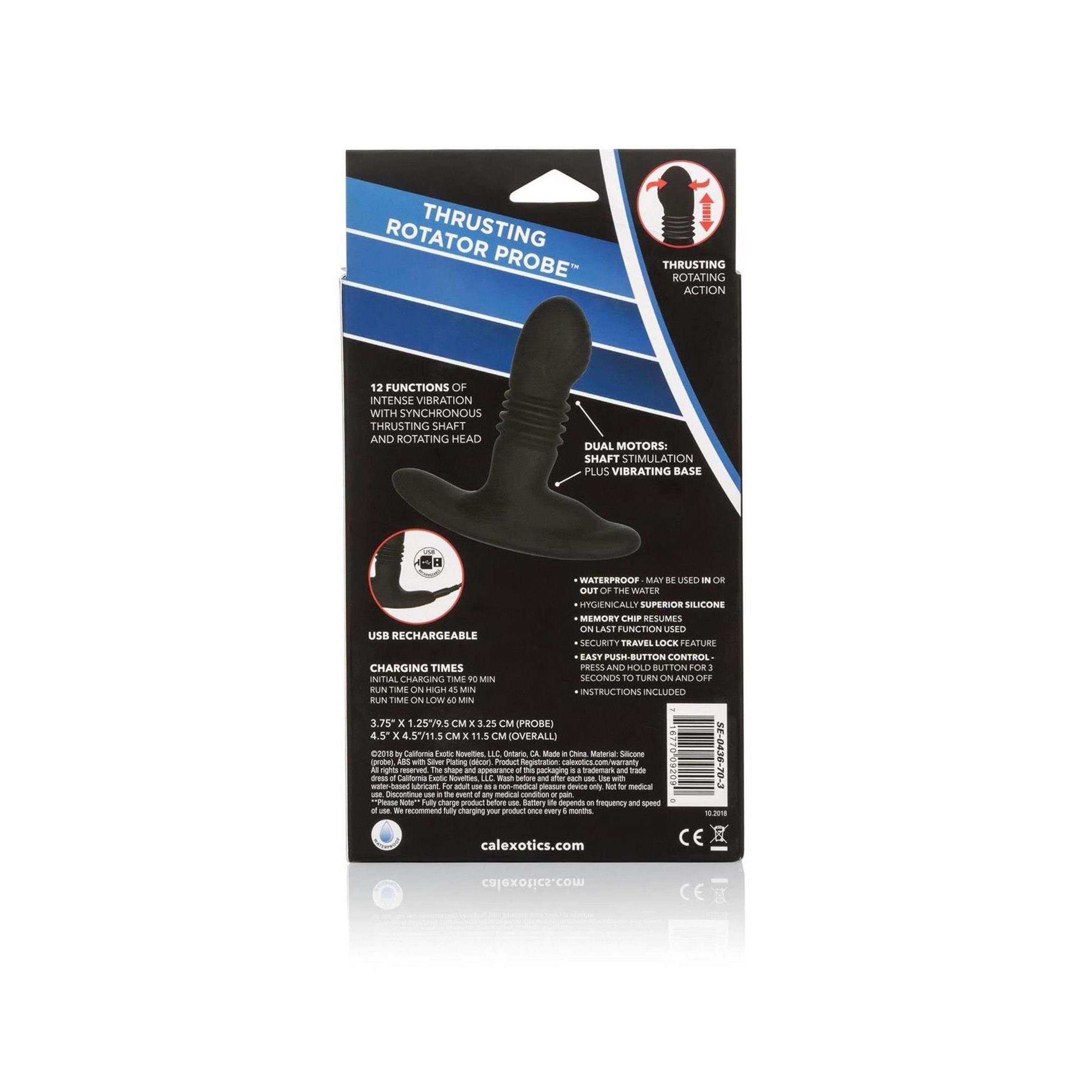 Rückseite der Verpackung. Produktname: Thrusting Rotator Probe. Technische Details, Ladezeiten, Materialangaben.