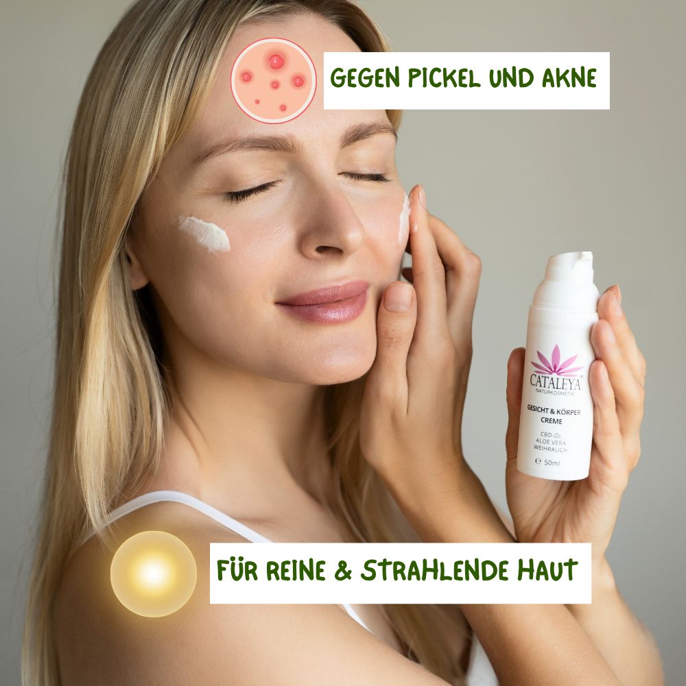 Eine Frau mit reiner, strahlender Haut, die CATALEYA CBD Gesichts- & Körpercreme aufträgt.