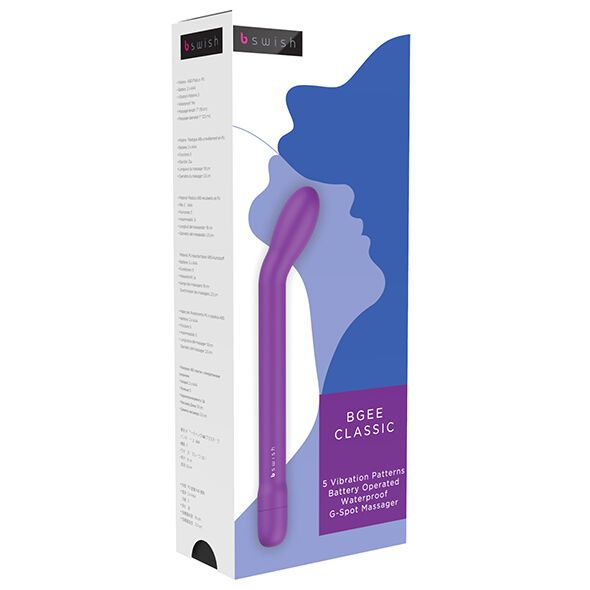 Lila Kurvenvibrator in Verpackung. Marke B Swish. Text: BGEE CLASSIC, 5 Vibrationsmuster, batteriebetrieben, wasserdicht, G-Punkt-Massagegerät.