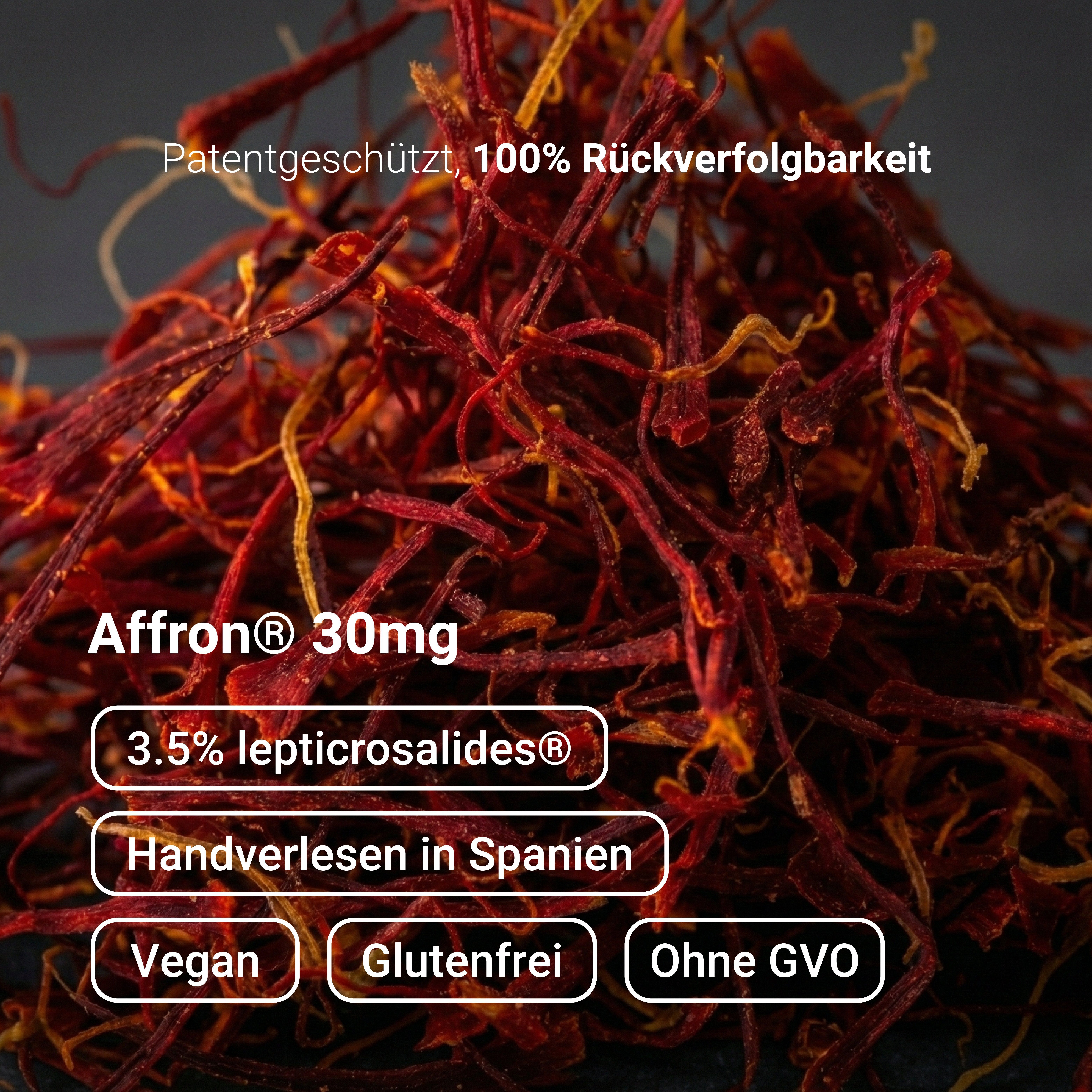 Nahaufnahme von Safranfäden mit Text über Affron 30mg, Lepticrosalides, Handverlesen und vegan.
