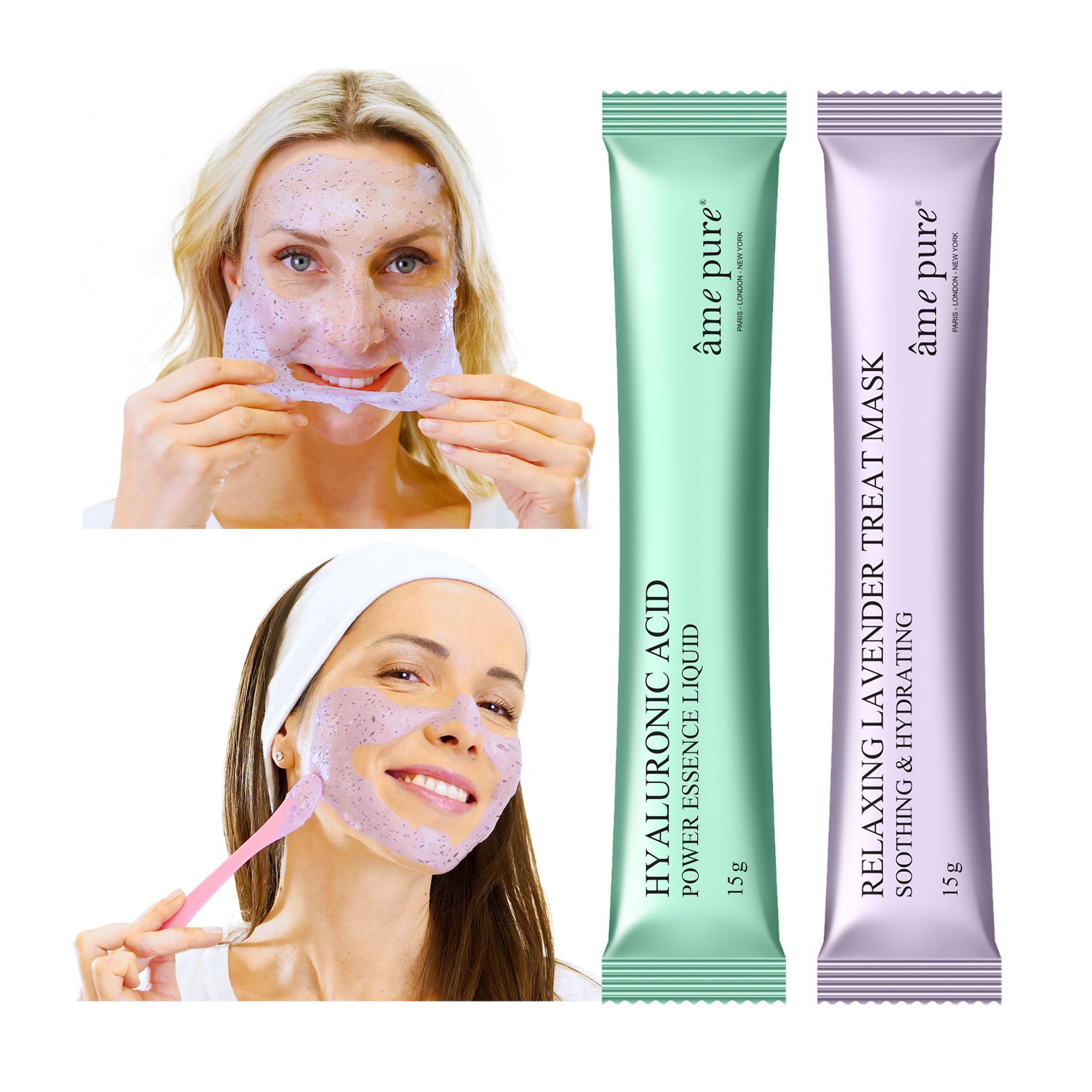 Twee vrouwen met masker. Links: masker wordt verwijderd. Rechts: masker wordt aangebracht met een spatel. Twee zakjes ernaast.