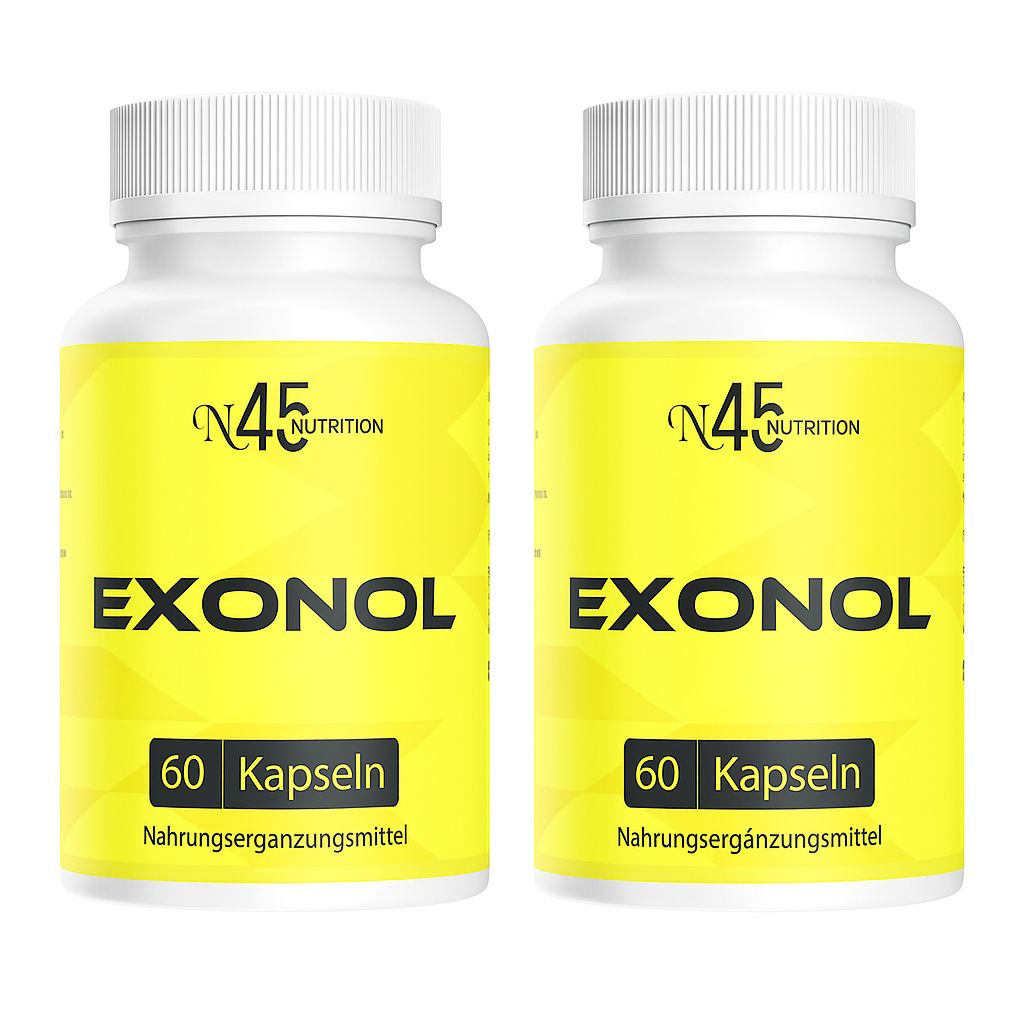 Zwei weiße Flaschen mit gelben Etiketten. Aufschrift: EXONOL, 60 Kapseln, Nahrungsergänzungsmittel. Logo: N45 Nutrition.