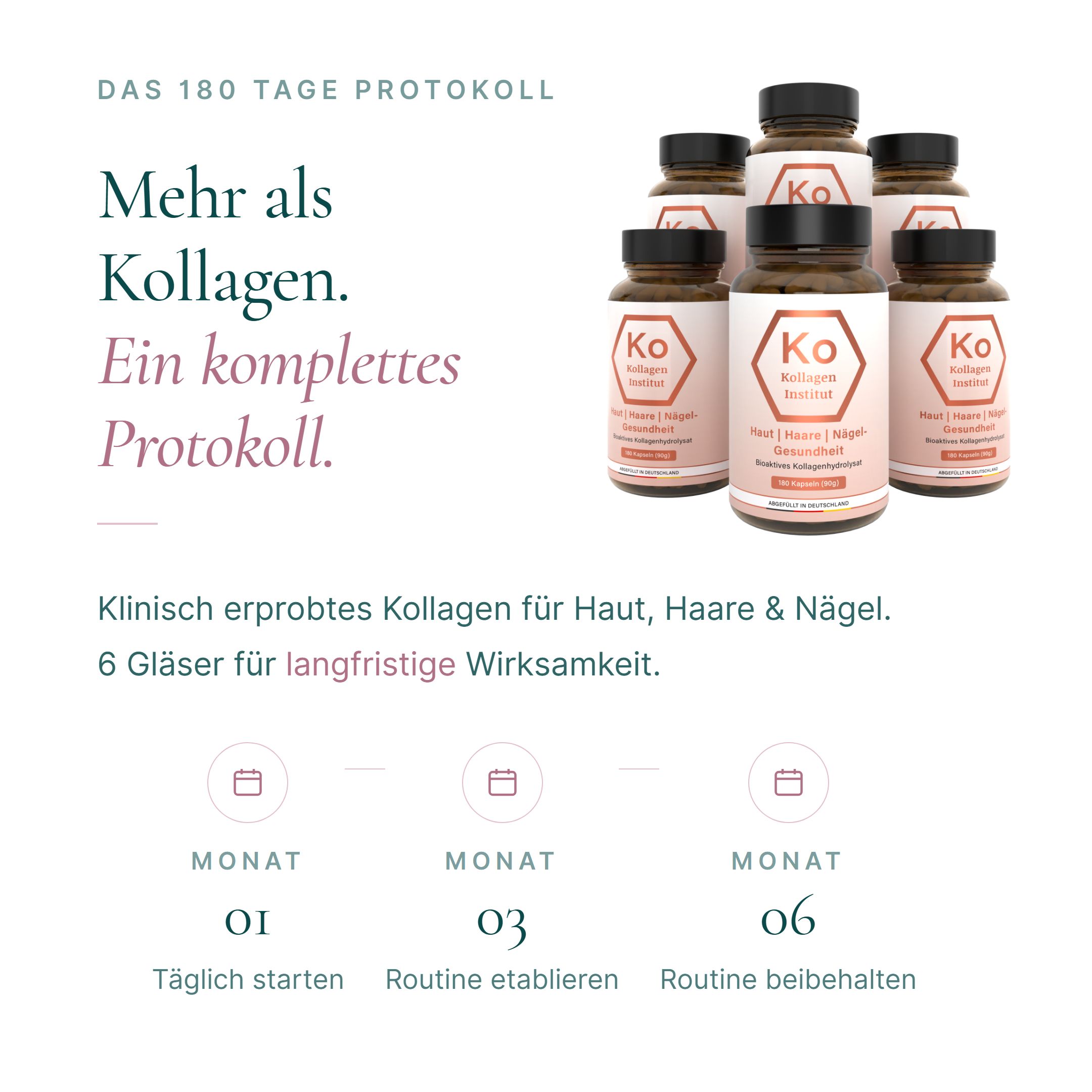 Sechs Flaschen Kollagen Kapseln, Haut, Haare, Nägel. 180 Kapseln (90g) pro Flasche.