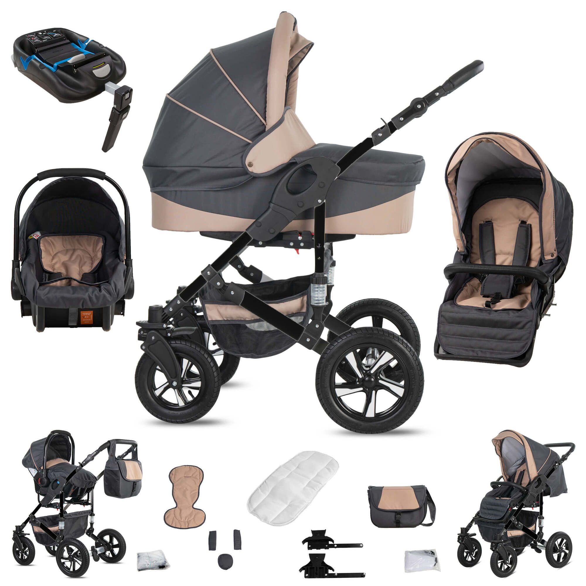 Friedrich Hugo Münster 4 in 1 Kinderwagen Komplettset ISOFIX Basis Hartgummireifen, Grey & Beige