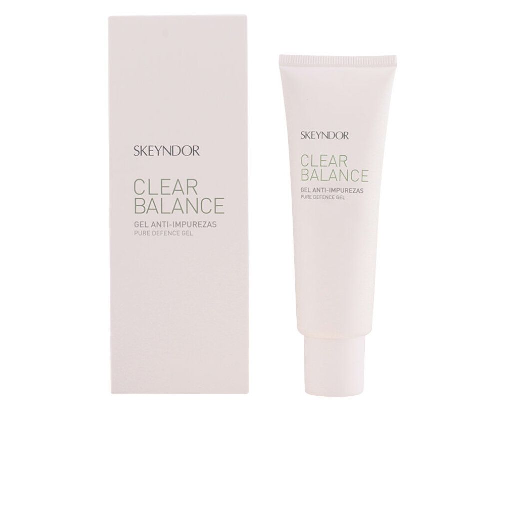 Weißes Gel in Tube und Schachtel. Aufschrift: Skeyndor, Clear Balance, Gel Anti-Impurezas, Pure Defence Gel.