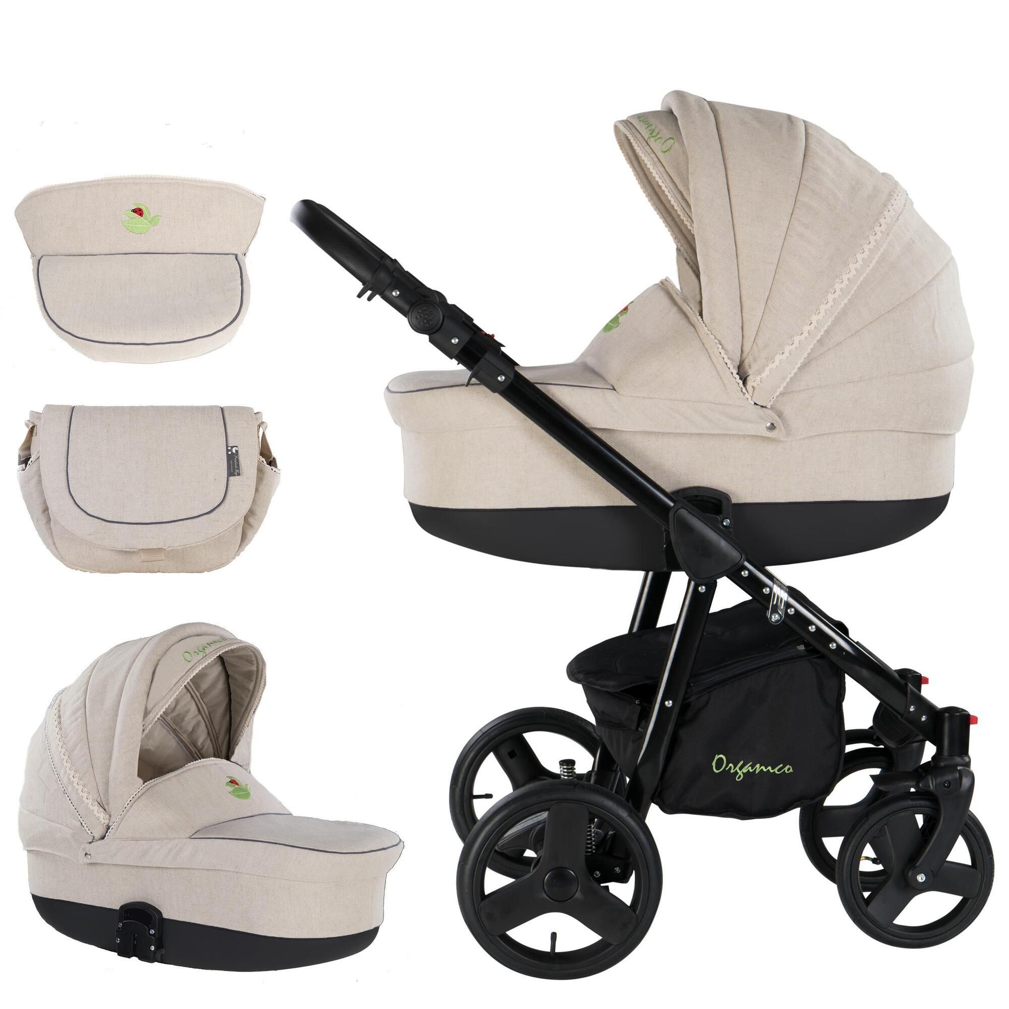 Kombikinderwagen, beige Stoff, schwarzes Gestell. Zubehör: Tasche, Babyschale. Organico-Logo. Vier Räder.
