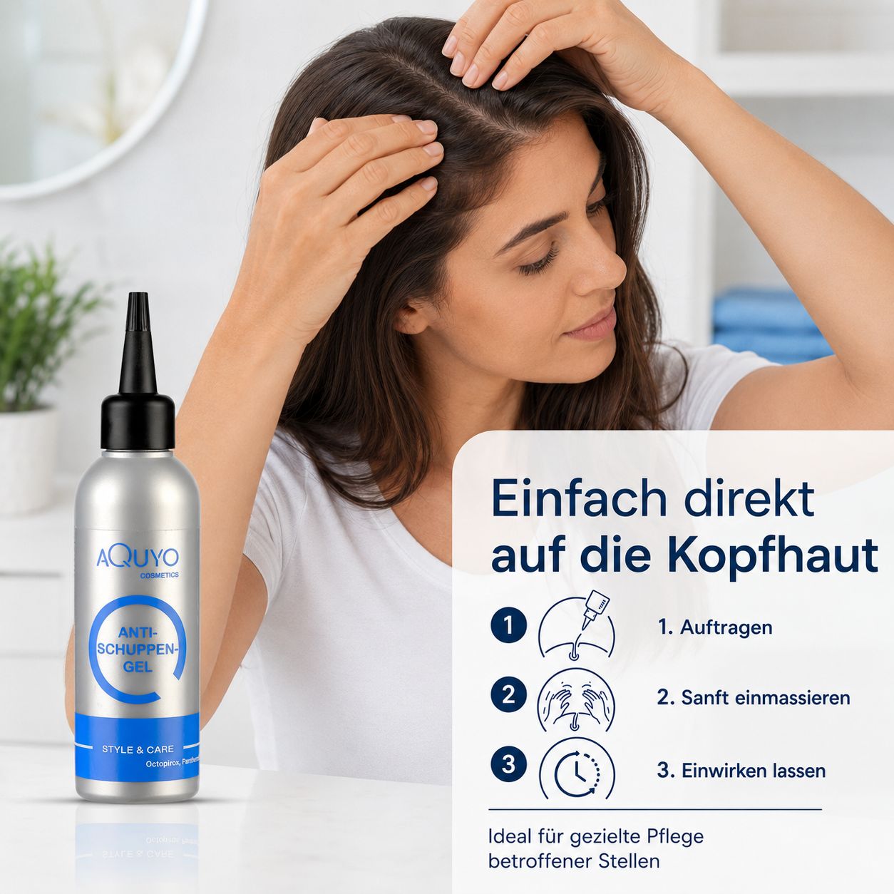 Frau mit Flasche Anti-Schuppen-Gel. Anleitung zeigt Auftragen, Einmassieren, Einwirken lassen auf die Kopfhaut.