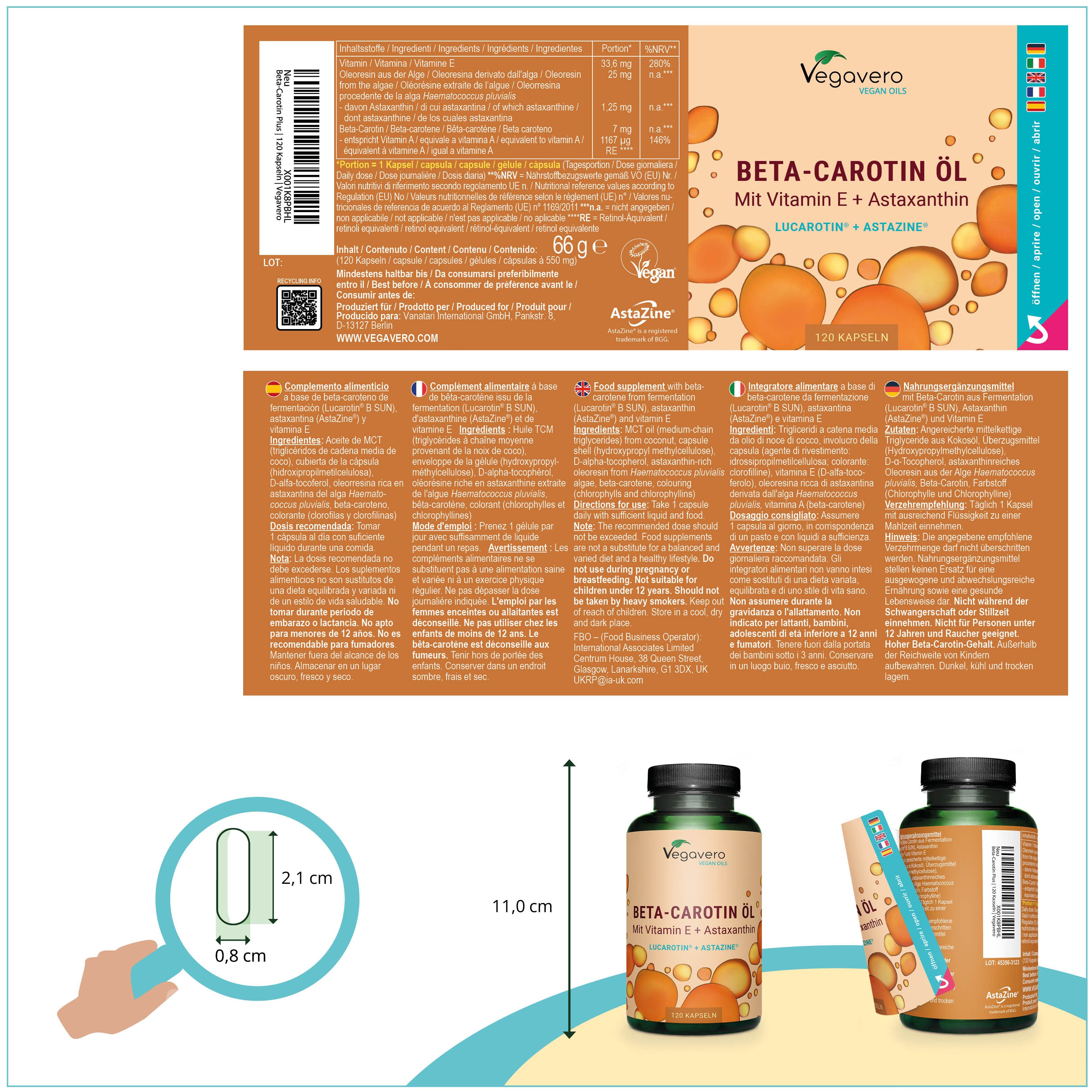 Produktverpackung mit Informationen. Flasche mit Kapseln und Packungsbeilage. Maße: 11,0 cm hoch, 2,1 x 0,8 cm Kapsel.