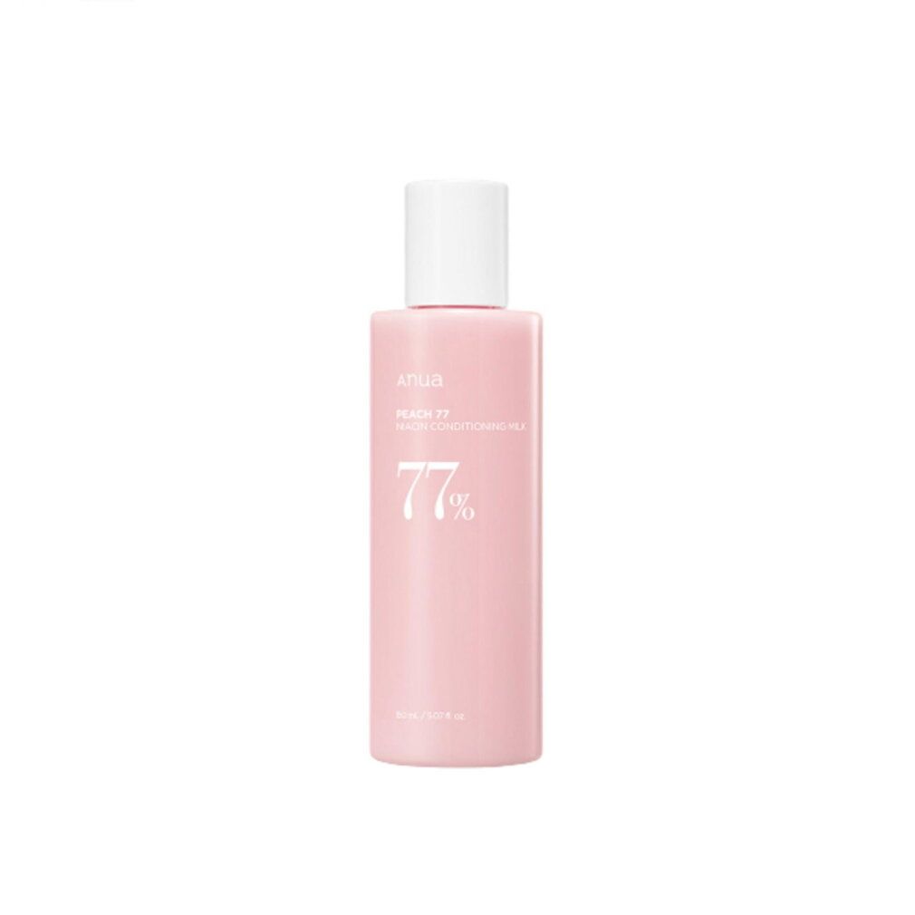 Eine zartrosa Flasche mit weißem Verschluss, die das Produkt 'Peach 77% Niacin Conditioning Milk' enthält.