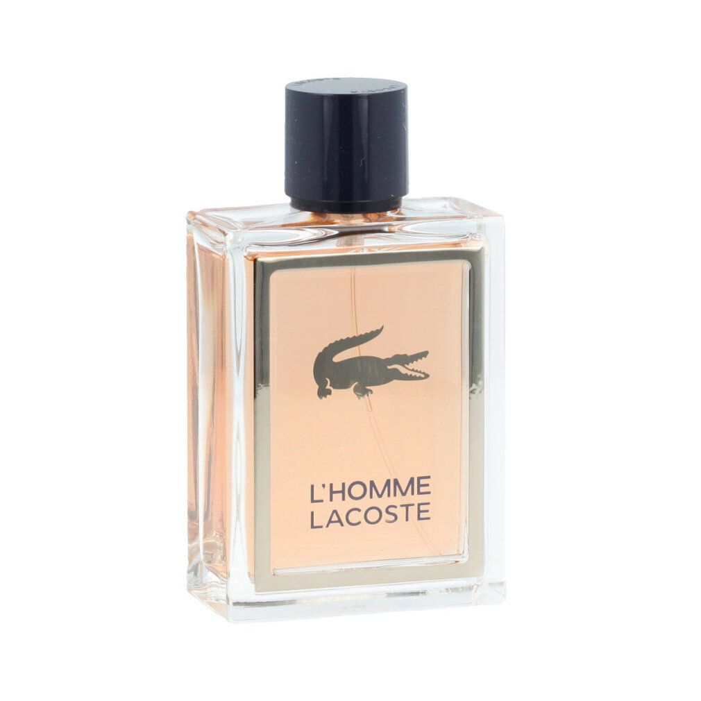 Rechteckiger Flakon mit brauner Flüssigkeit. Logo: Krokodil. Text: L'HOMME LACOSTE. Schwarzer Verschluss.