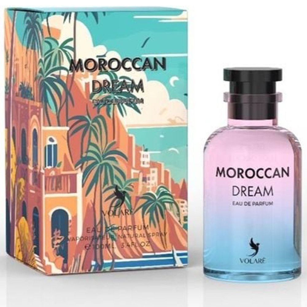 Flasche und Schachtel. Flasche: Farbverlauf, Text: Moroccan Dream Eau de Parfum, Logo: Vogel, Volaré. Schachtel: Landschaft.