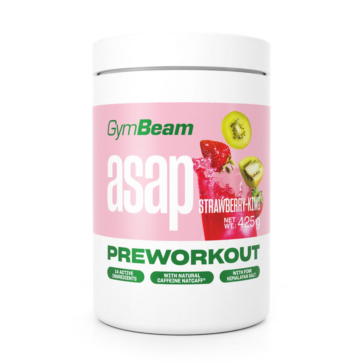 GymBeam ASAP Pre-Workout Pulver in Erdbeer-Kiwi-Geschmack. Weiße Dose mit rosa und grünen Etiketten. 425g.