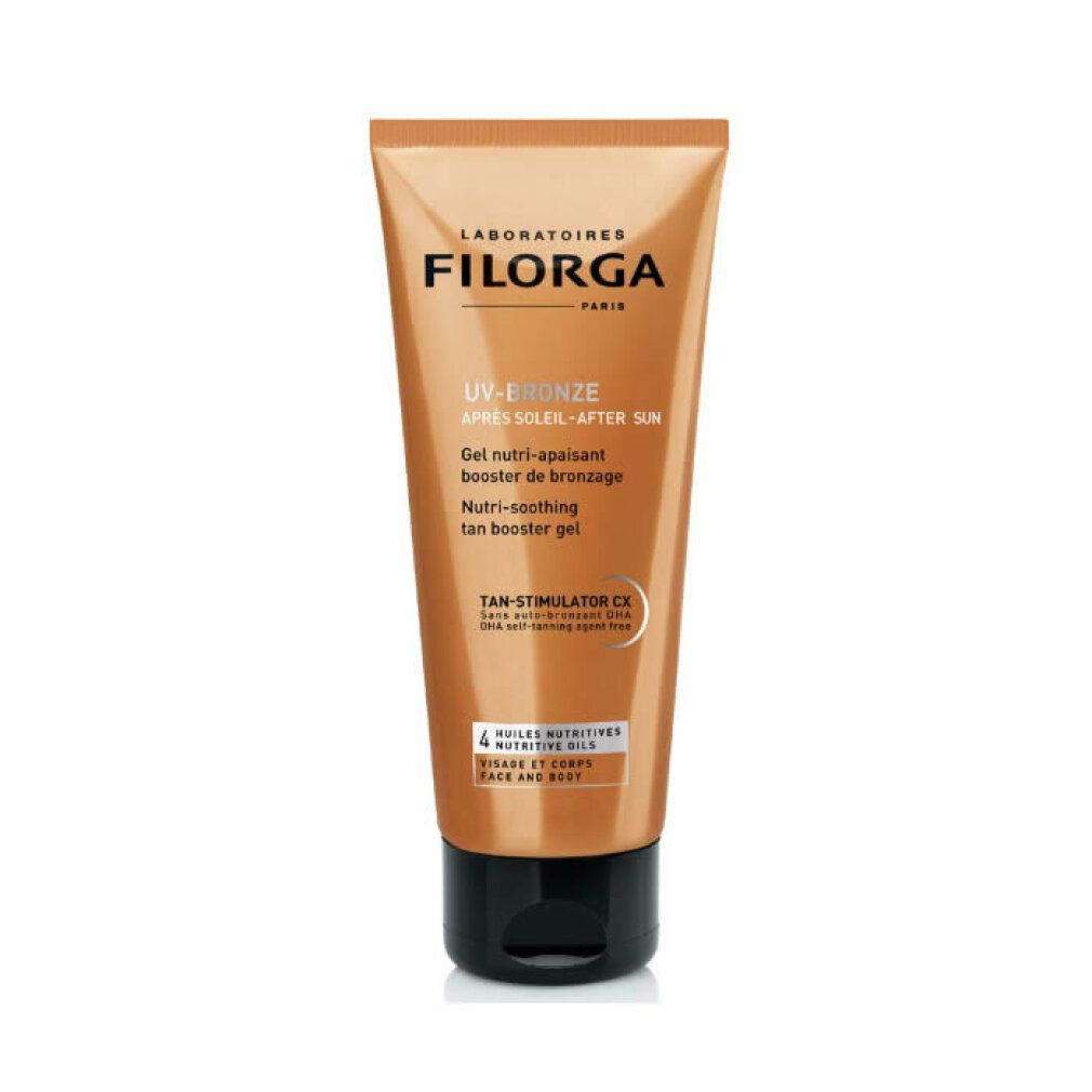 Filorga UV-Bronze After Sun. Braune Tube mit schwarzem Deckel. Text: UV-Bronze, Après Soleil, Tan Booster Gel.