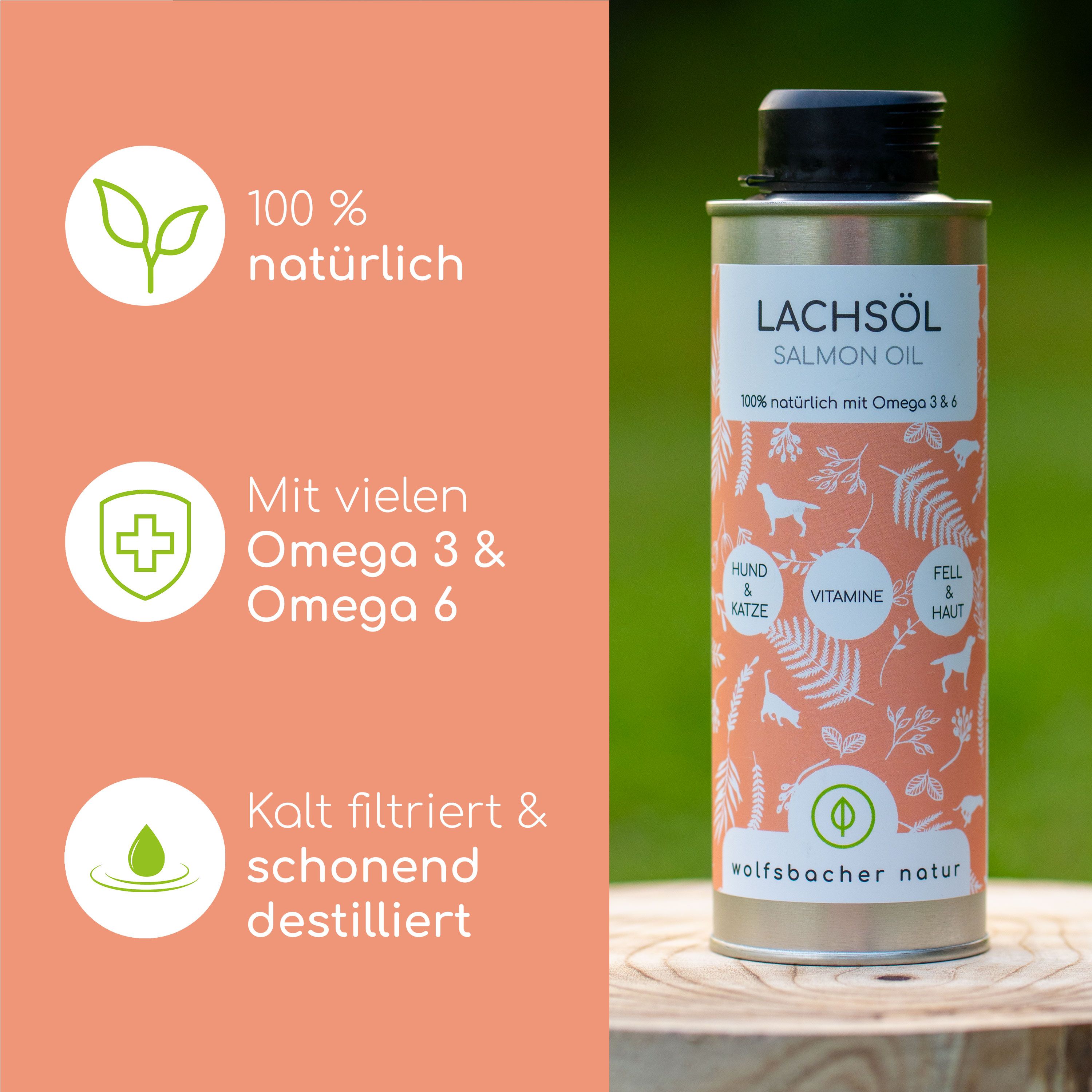 Dose Lachsöl mit Aufschrift: Lachsöl, 100% natürlich mit Omega 3 & 6. Grafiken zeigen Vorteile: Fell & Haut, Vitamine, Hund & Katze.