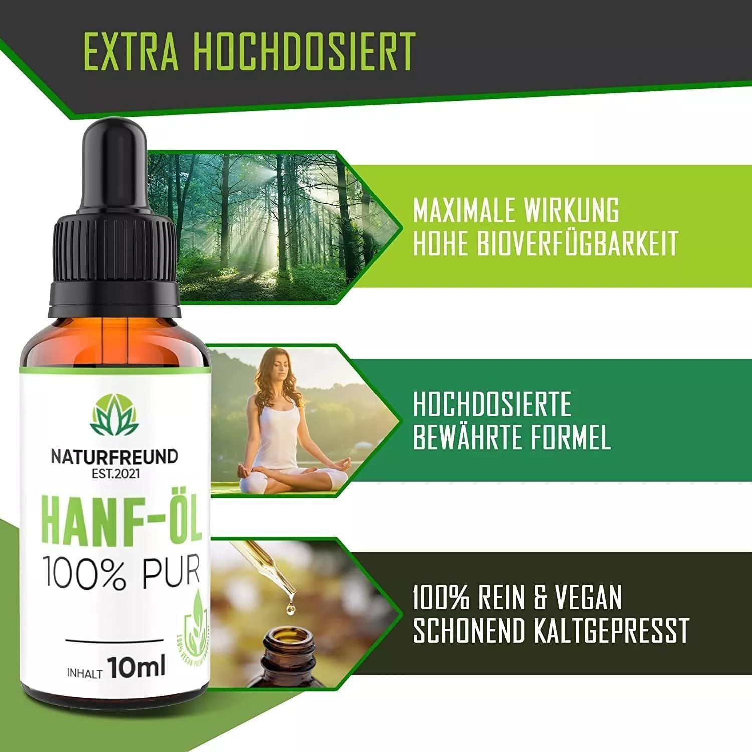 Braune Glasflasche mit Pipette. Etikett mit Logo, Schriftzug HANF-ÖL 100% PUR, Cannabis Sativa und 10ml. Text: EXTRA HOCHDOSIERT.