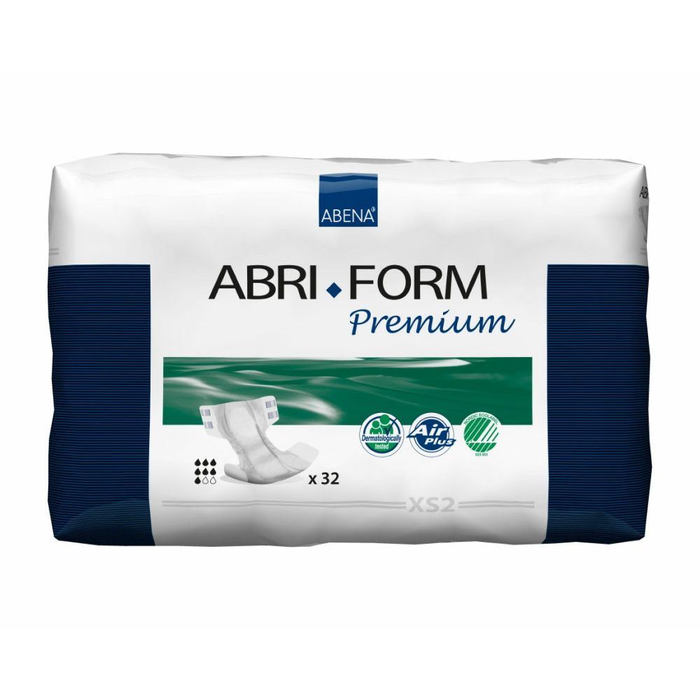 Verpackung Abena Abri-Form Premium. Weiß mit blauem Streifen. Produktabbildung und Logos. 32 Stück, XS2.