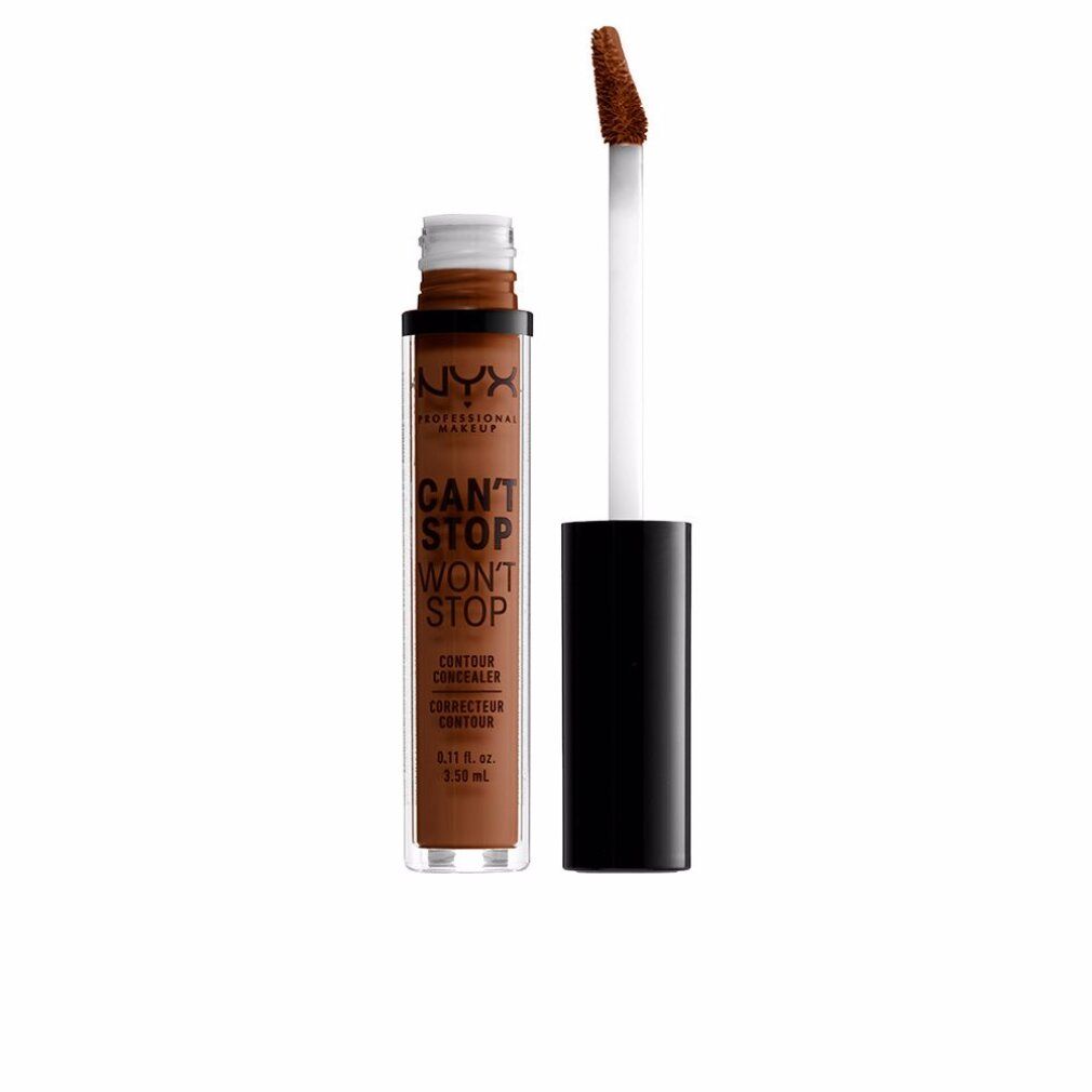 Flüssiger Concealer in einem transparenten Behälter mit schwarzem Applikator. Dunkelbrauner Farbton.