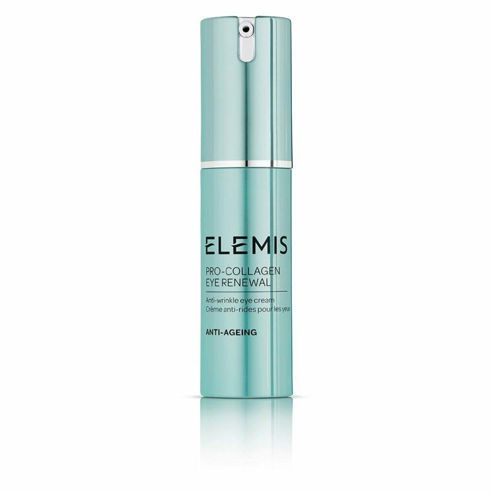 Zylindrische Flasche. Elemis Pro-Collagen Eye Renewal. Türkis-farben. Mit Spender. Anti-Aging-Aufschrift.