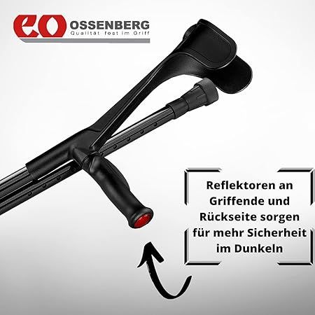 Gehhilfe mit Logo. Reflektoren an Griff und Rückseite. Text.