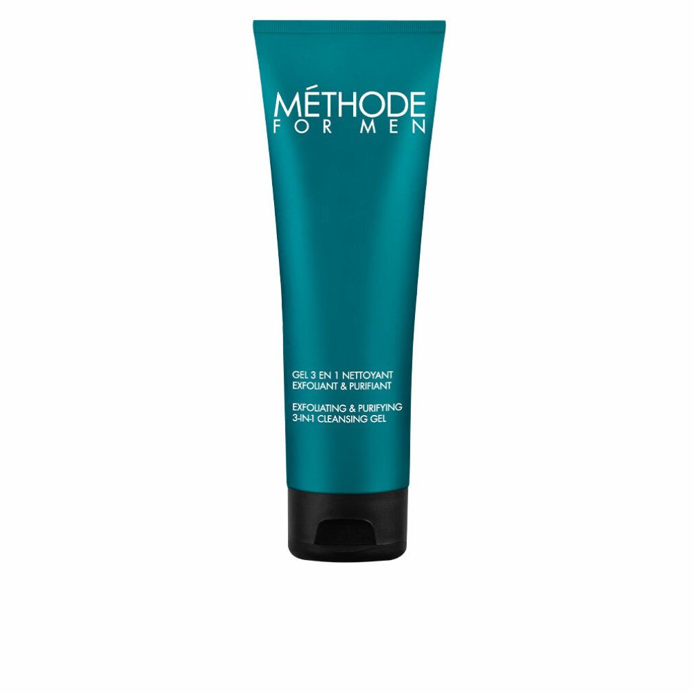 Türkisgrüne Tube mit schwarzem Deckel. Aufschrift: MÉTHODE FOR MEN, GEL 3 EN 1, EXFOLIATING & PURIFYING 3-IN-1 CLEANSING GEL.