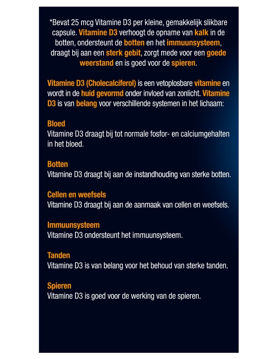 Text auf der Verpackung von Lucovitaal Vitamin D3. Beschreibt die Vorteile von Vitamin D3 für den Körper. Text in Niederländisch.
