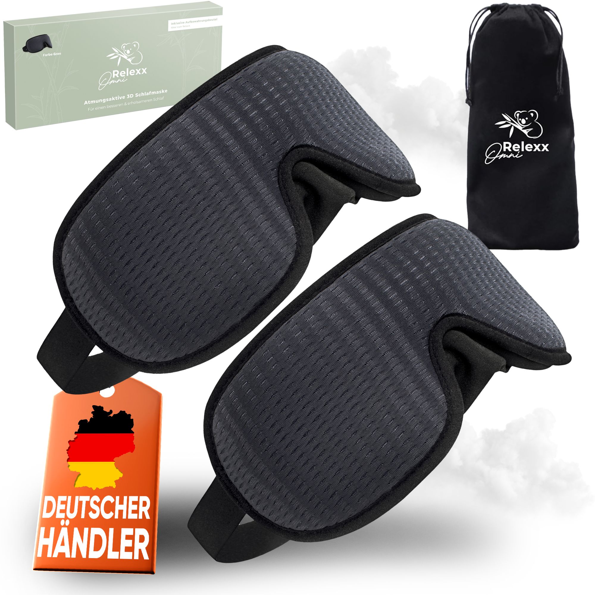 Zwei graue Schlafmasken, Reisebeutel, Verpackung. Text: Deutscher Händler. Marke: Relexx Omni.
