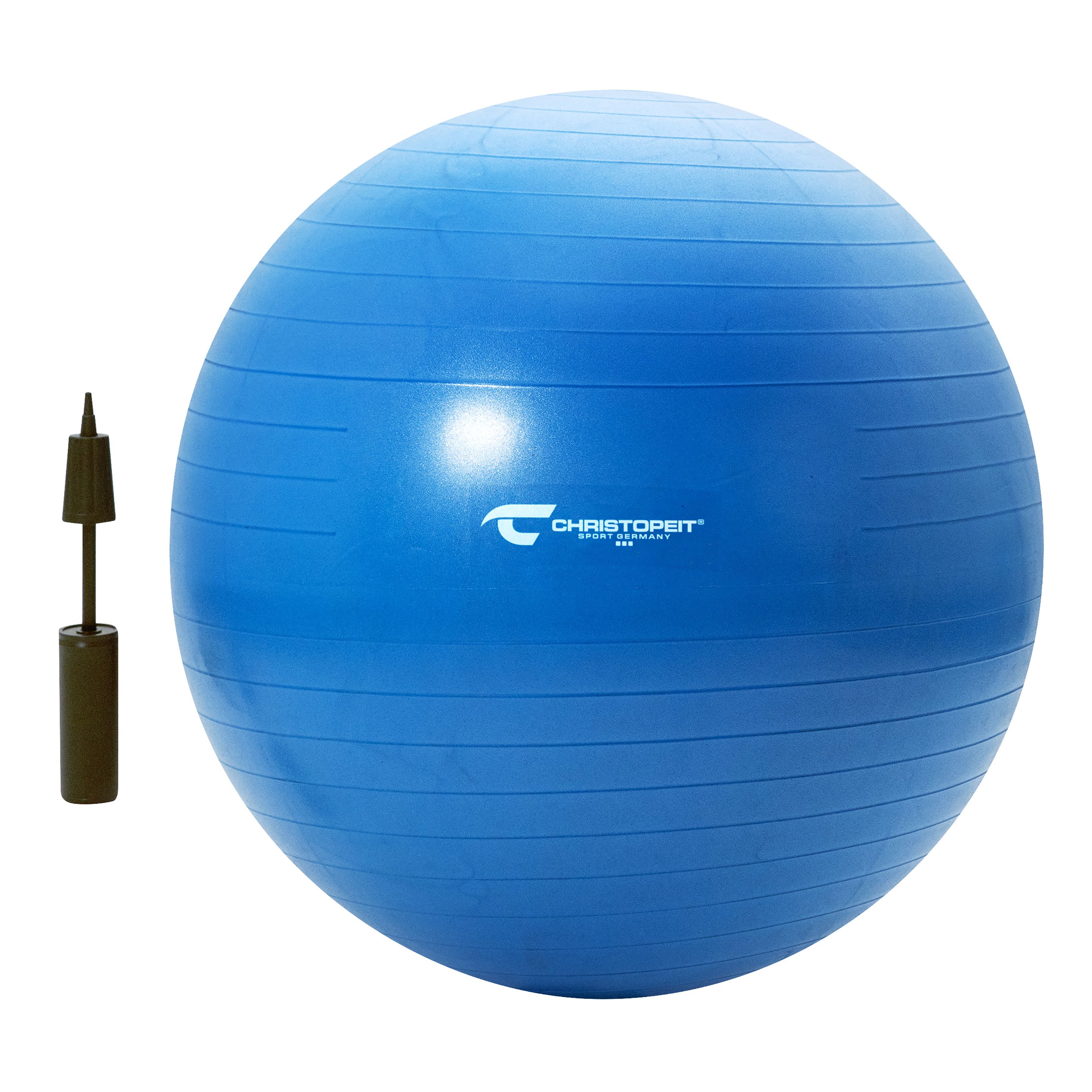 Blauer Gymnastikball mit Logo und Pumpe. Der Ball hat Rillen. Die Pumpe ist schwarz.