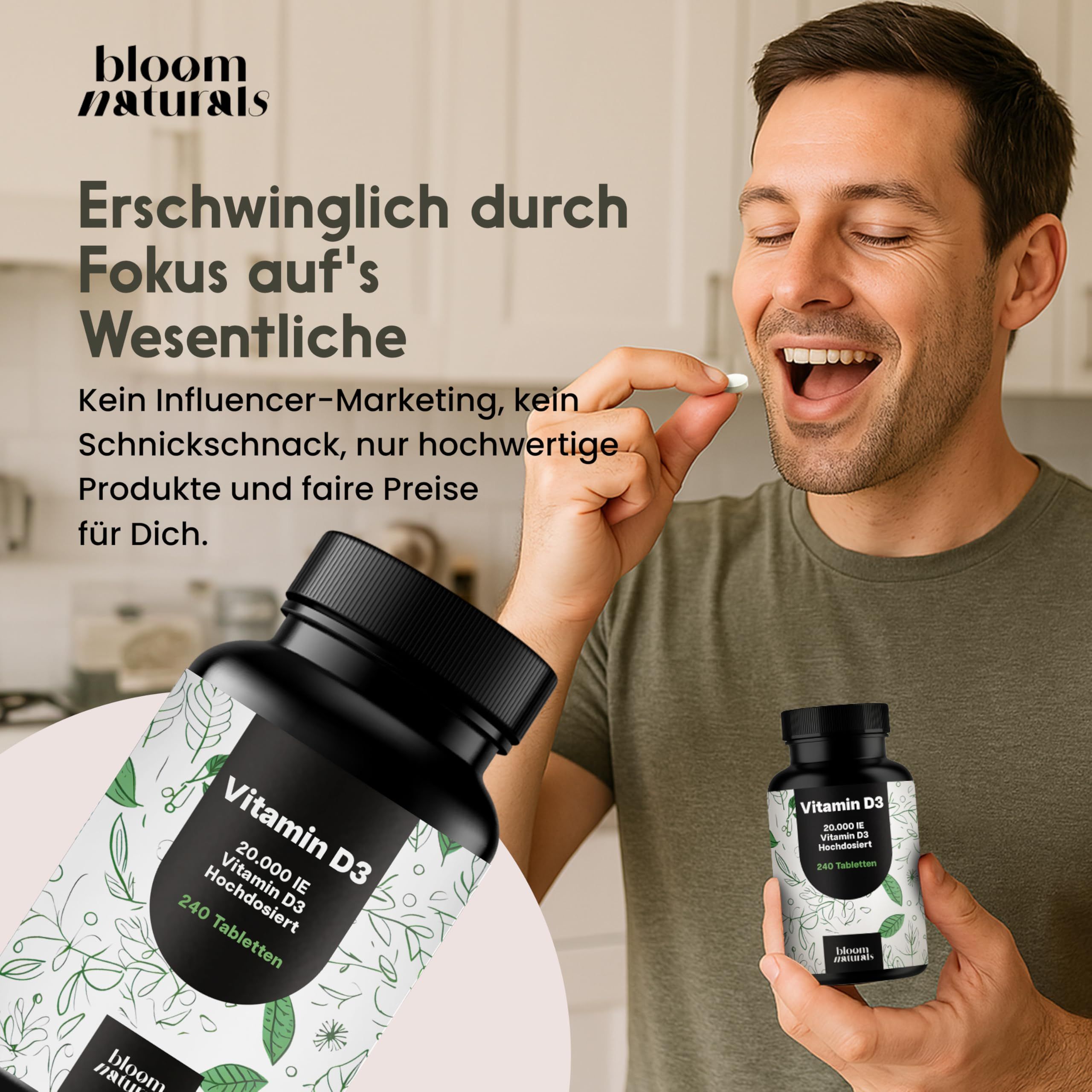 Mann nimmt Tablette. Flasche mit Vitamin D3 Tabletten. Text: Erschwinglich durch Fokus auf's Wesentliche.