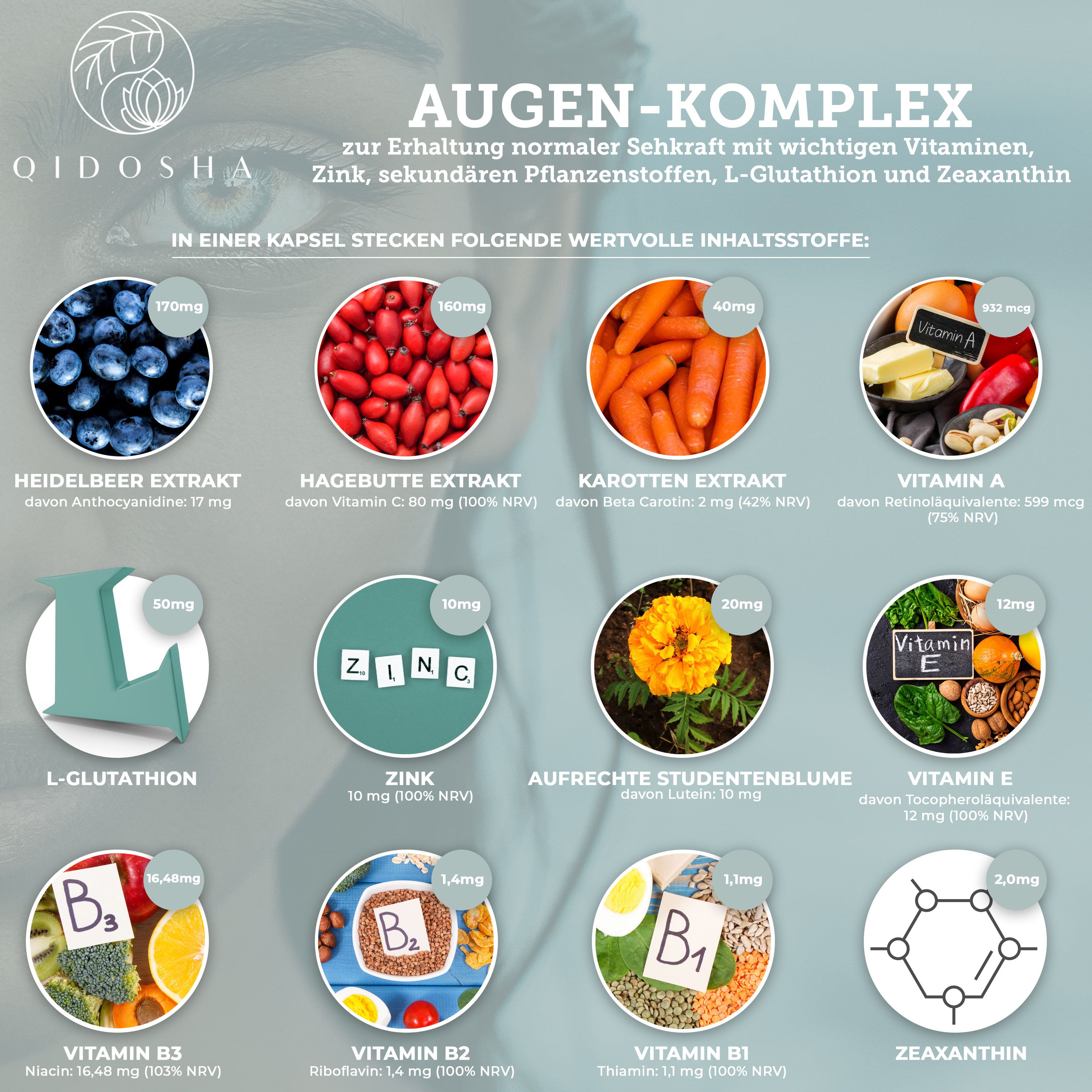 Infografik mit Inhaltsstoffen. Blaubeere, Hagebutte, Karotten, Vitamin A, L-Glutathion, Zink, Ringelblume, Vitamin E, Vitamin B3, B2, B1, Zeaxanthin.