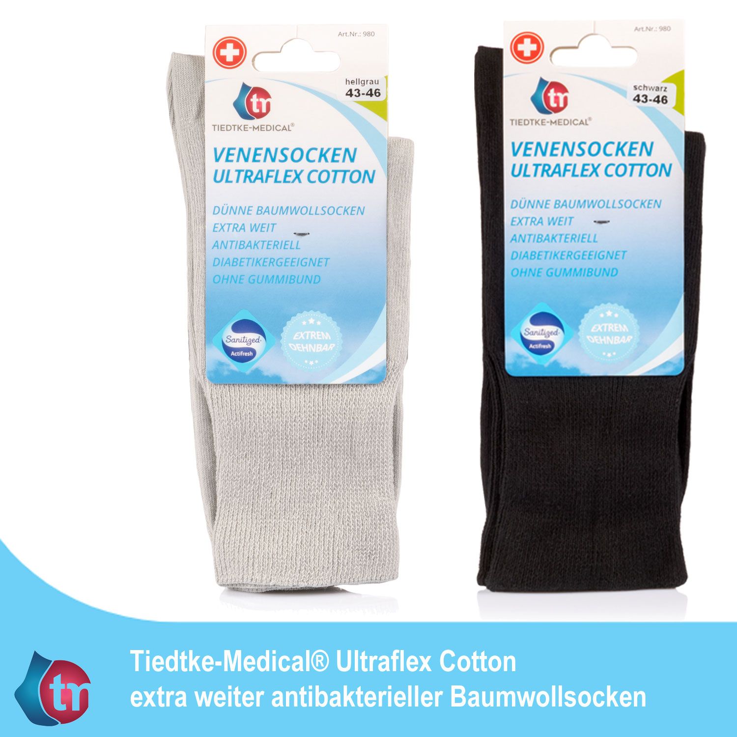 Zwei Diabetikersocken-Verpackungen. Hellgrau und schwarz. Produktname und Logo sichtbar.