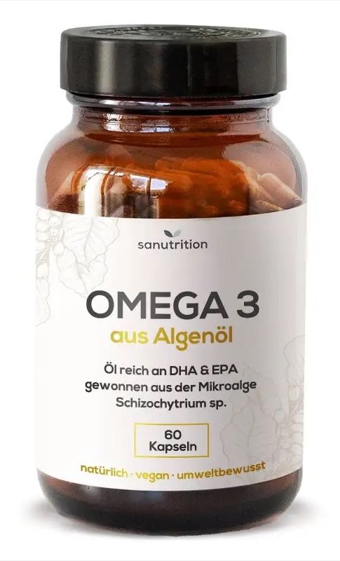 Braunglasflasche mit Sanutrition Omega-3 aus Algenöl, 60 Kapseln, vegan.