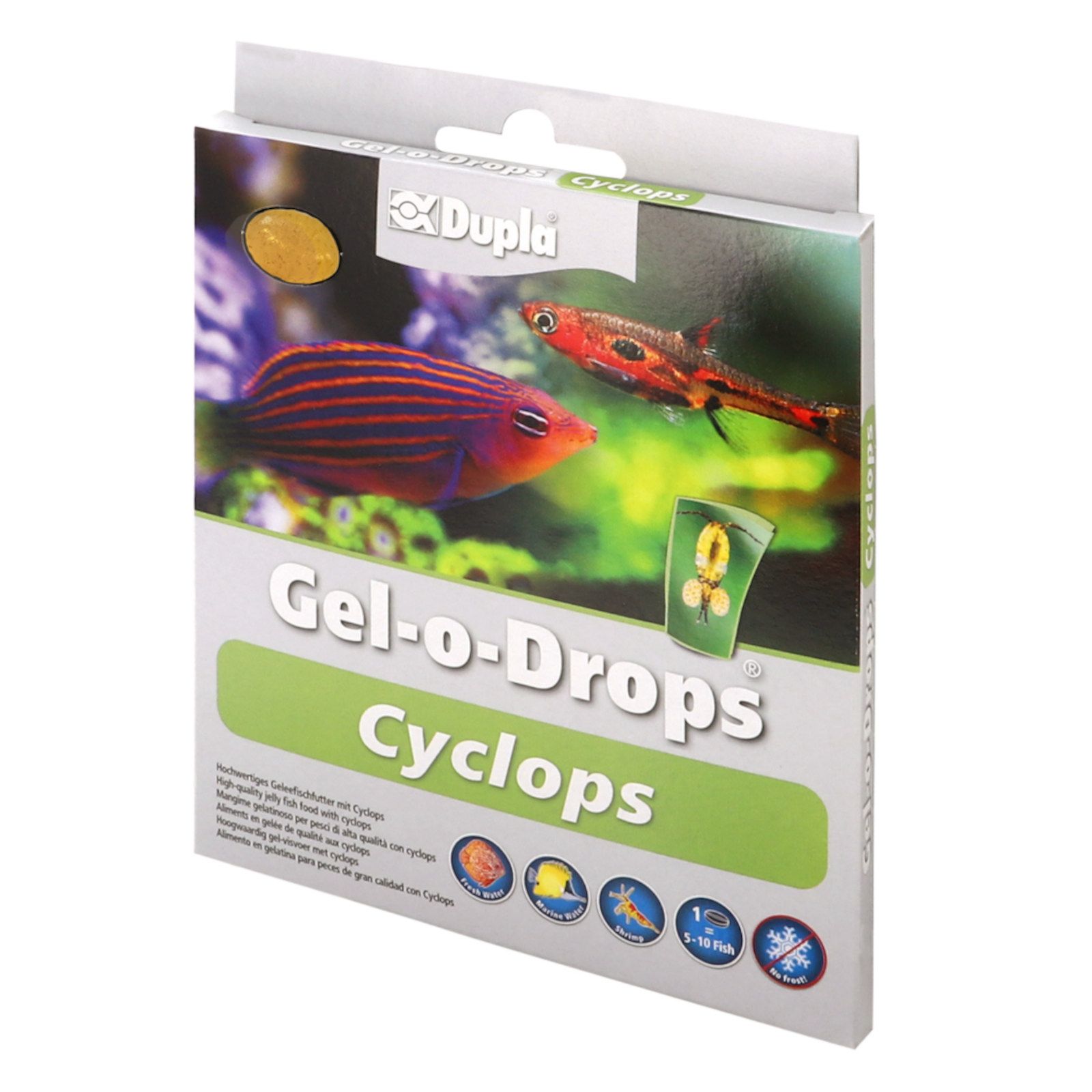 Dupla Gel-o-Drops Cyclops-Verpackung. Zeigt einen Fisch und den Produktnamen. Grün-weiße Verpackung mit Fischmotiv.