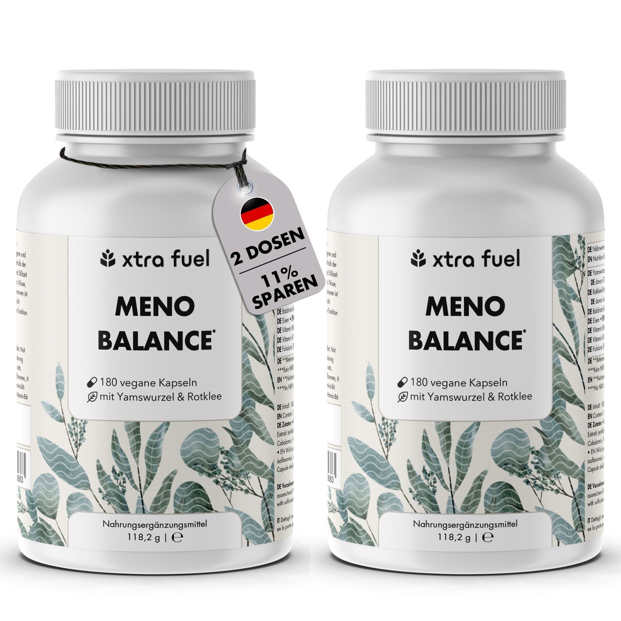 Zwei weiße Flaschen mit Kapseln. Auf einer Flasche ein Etikett mit dem Text "2 Dosen 11% sparen".