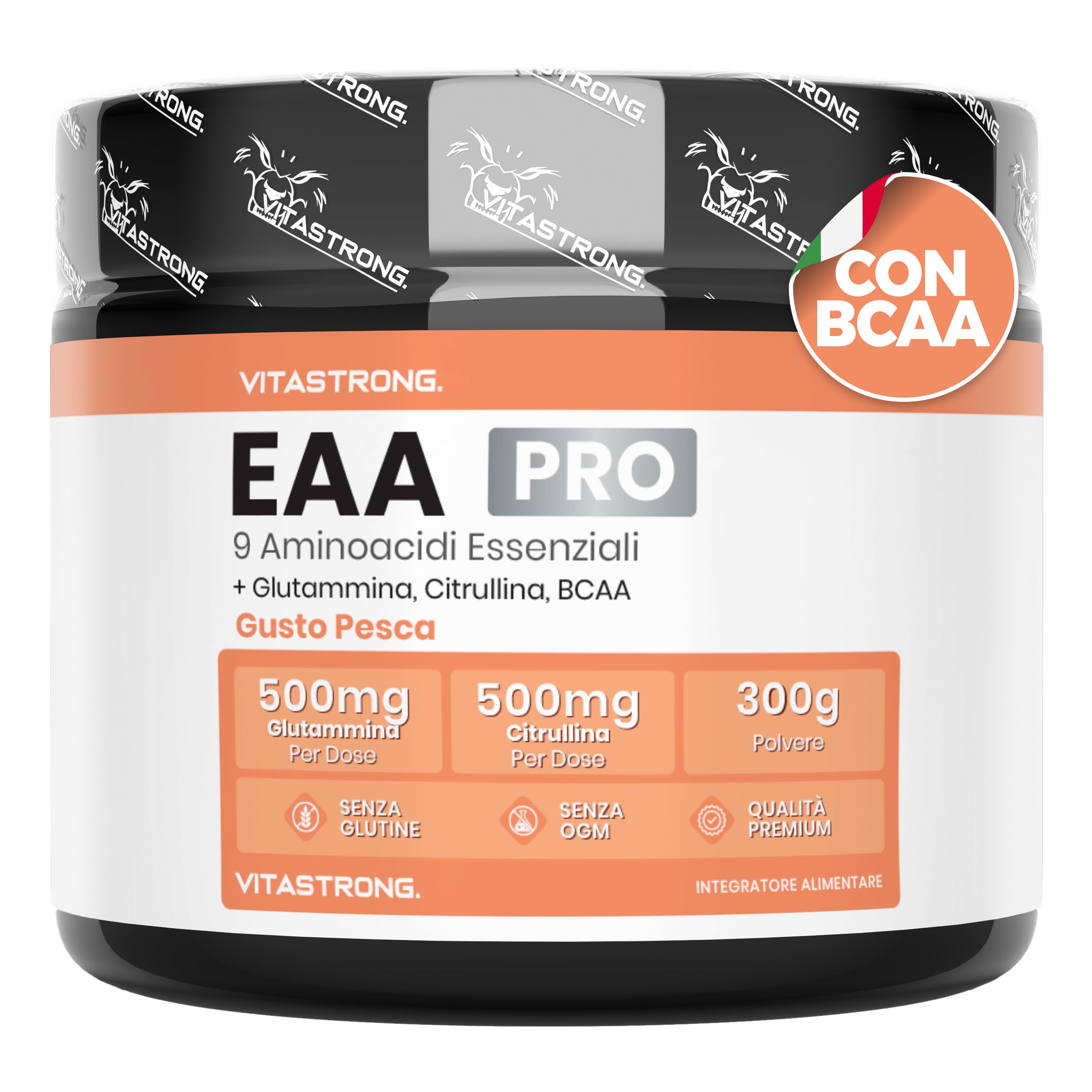 Vitastrong EAA Pro, Dose. 9 Aminosäuren, BCAA, Glutamin. Pfirsich-Geschmack. Produkt-Nahaufnahme.