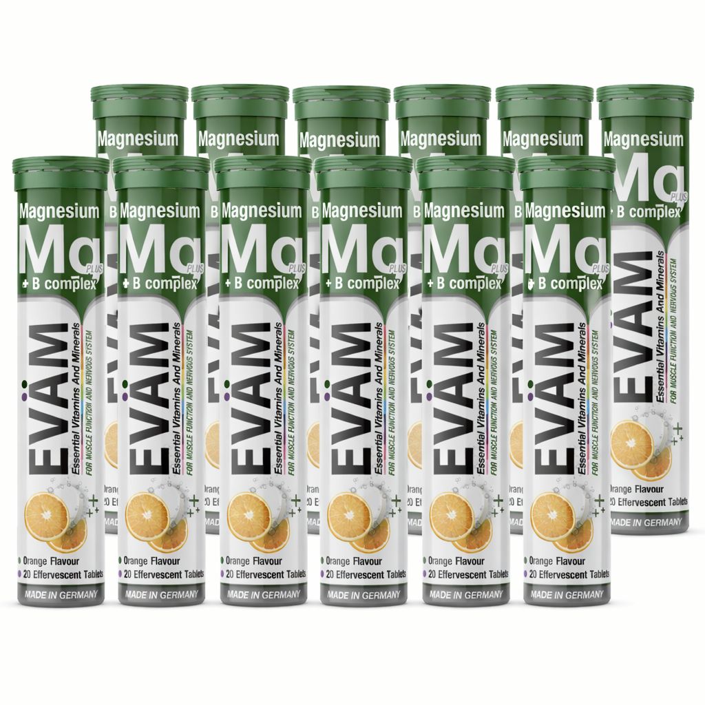 Mehrere Tuben EVÄM Magnesium + B-Komplex. Jede Tube enthält 20 Brausetabletten mit Orangengeschmack. Grün-weiße Verpackung.