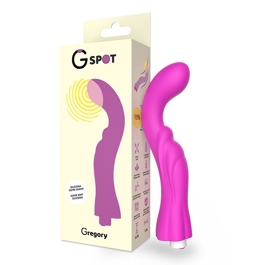 Verpackung mit Produktabbildung. Aufschrift: G-Spot, Gregory. Abbildung eines pinkfarbenen Vibrators. Text: Super Soft Silicone.