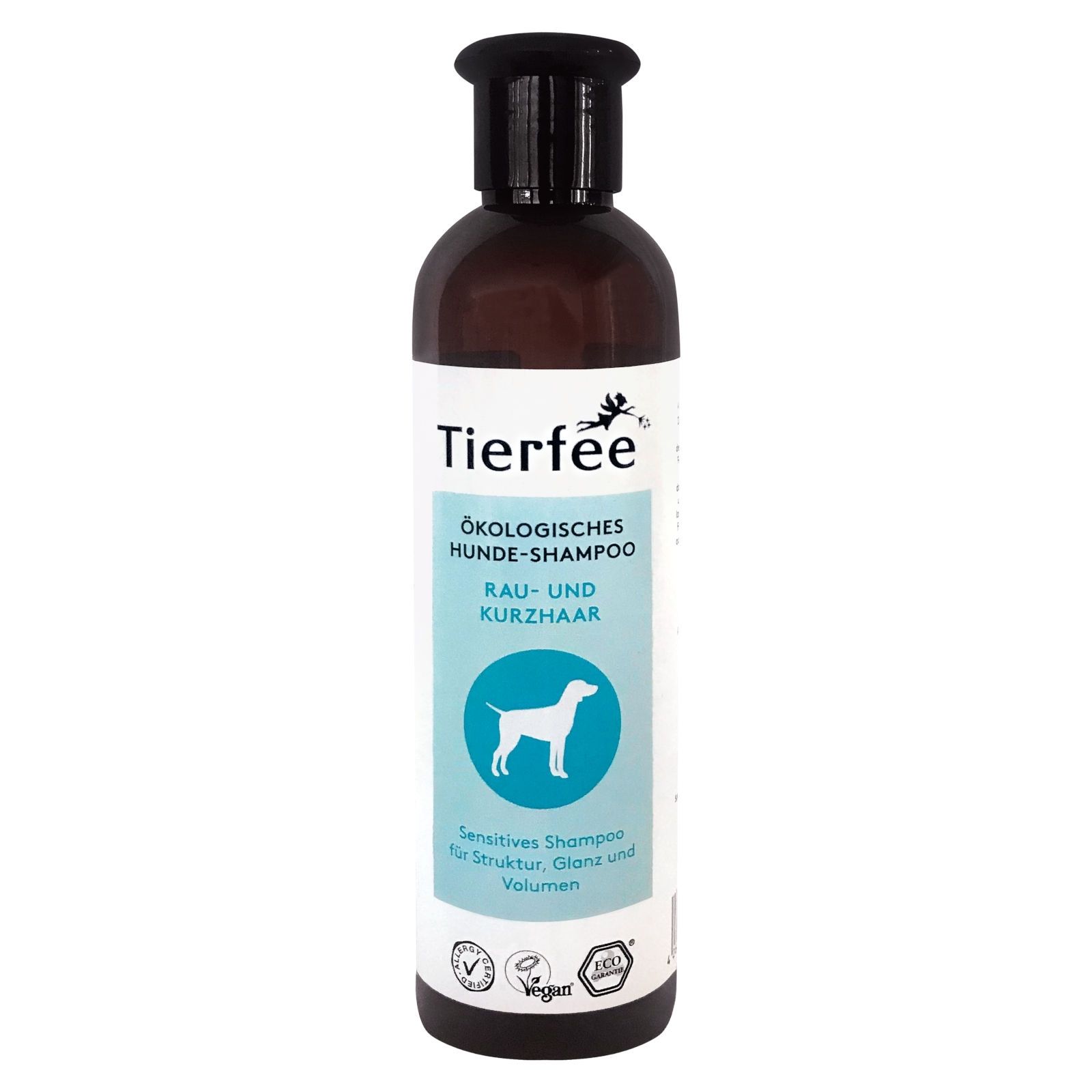Braune Flasche mit schwarzem Deckel. Aufkleber mit Produktinformationen und Logo. Text: Tierfee Ökologisches Hunde-Shampoo für Rau- und Kurzhaar.