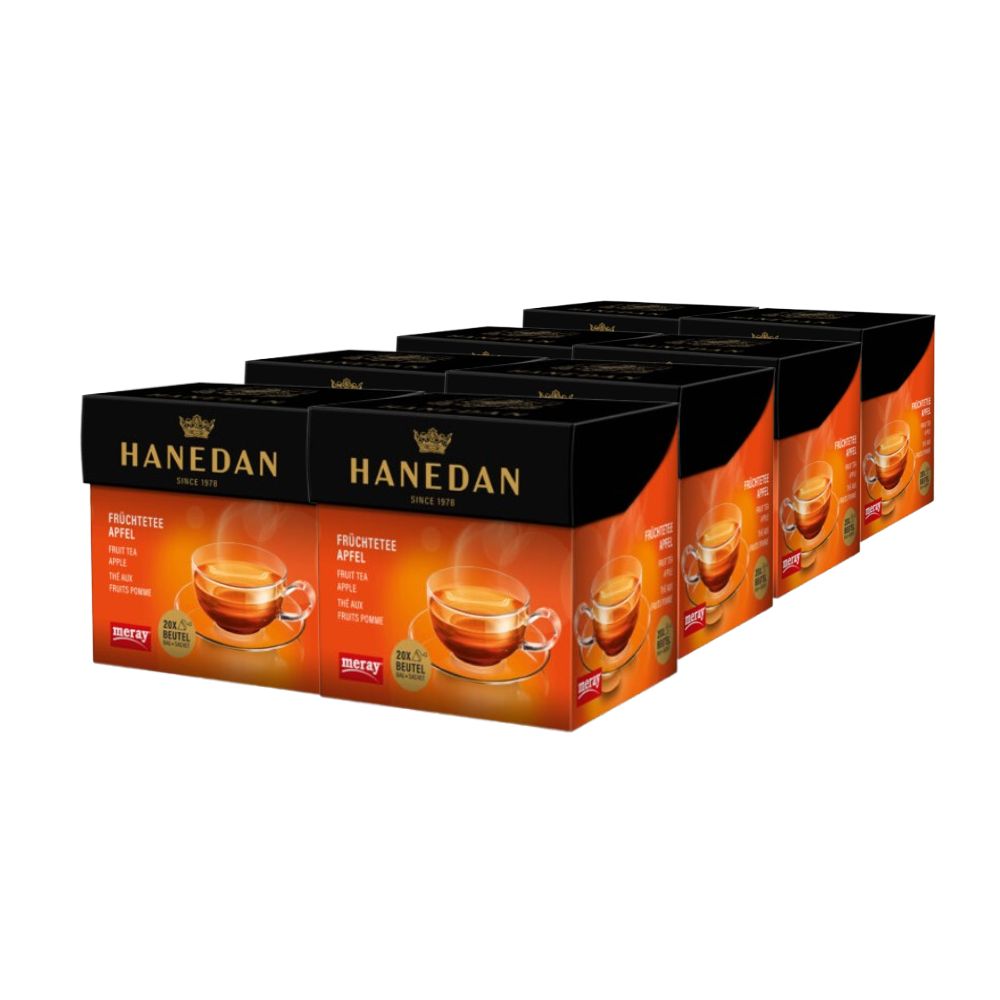 Mehrere Kartons MERAY Hanedan Früchtetee Apfeltee. Schwarze Oberseite, orangefarbene Vorderseite mit Abbildung einer Tasse Tee. Text: Hanedan.