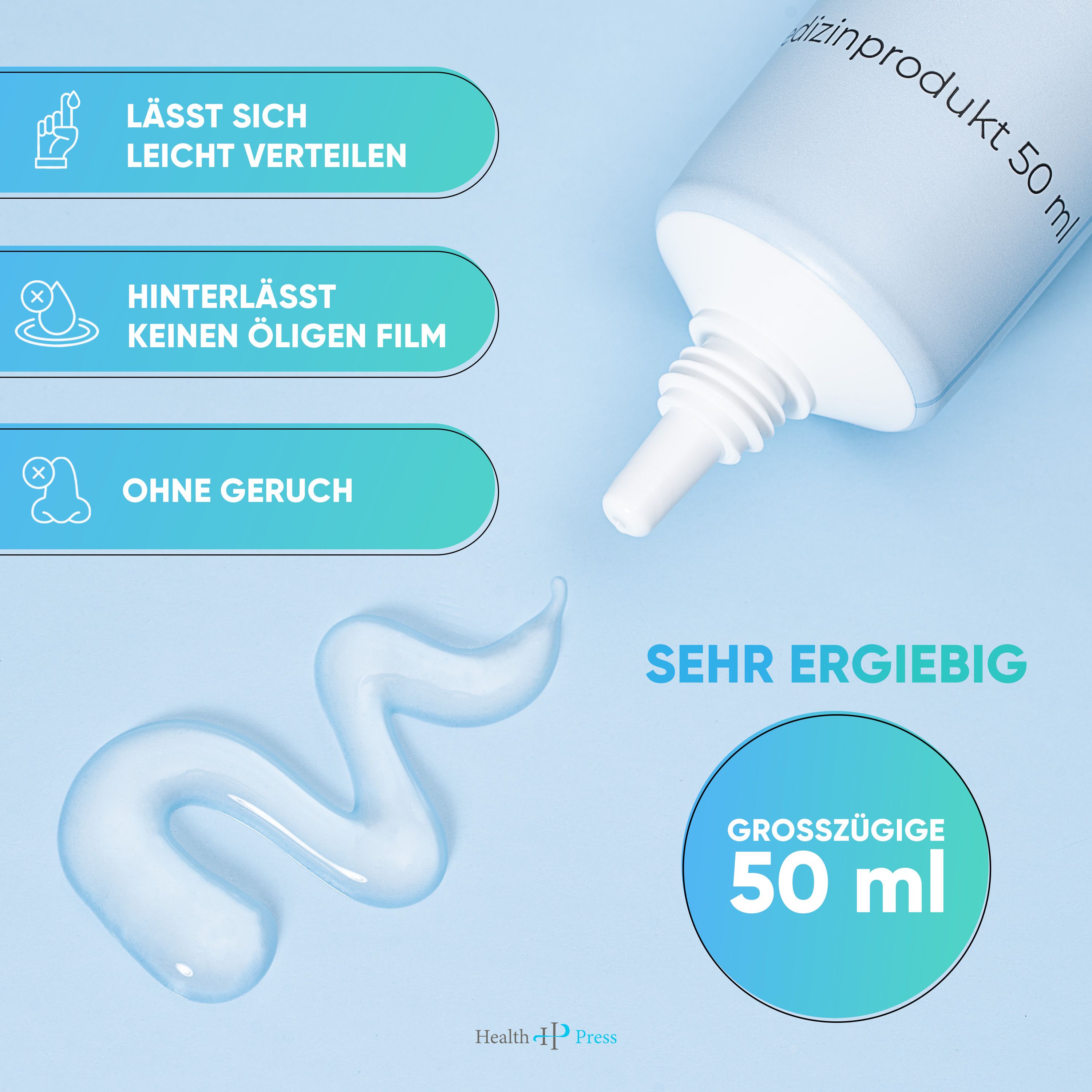 Health Press® Hämorrhoiden Gel, Tube. Gel-Strähne. Text: Lässt sich leicht verteilen, hinterlässt keinen öligen Film, ohne Geruch, sehr ergiebig.