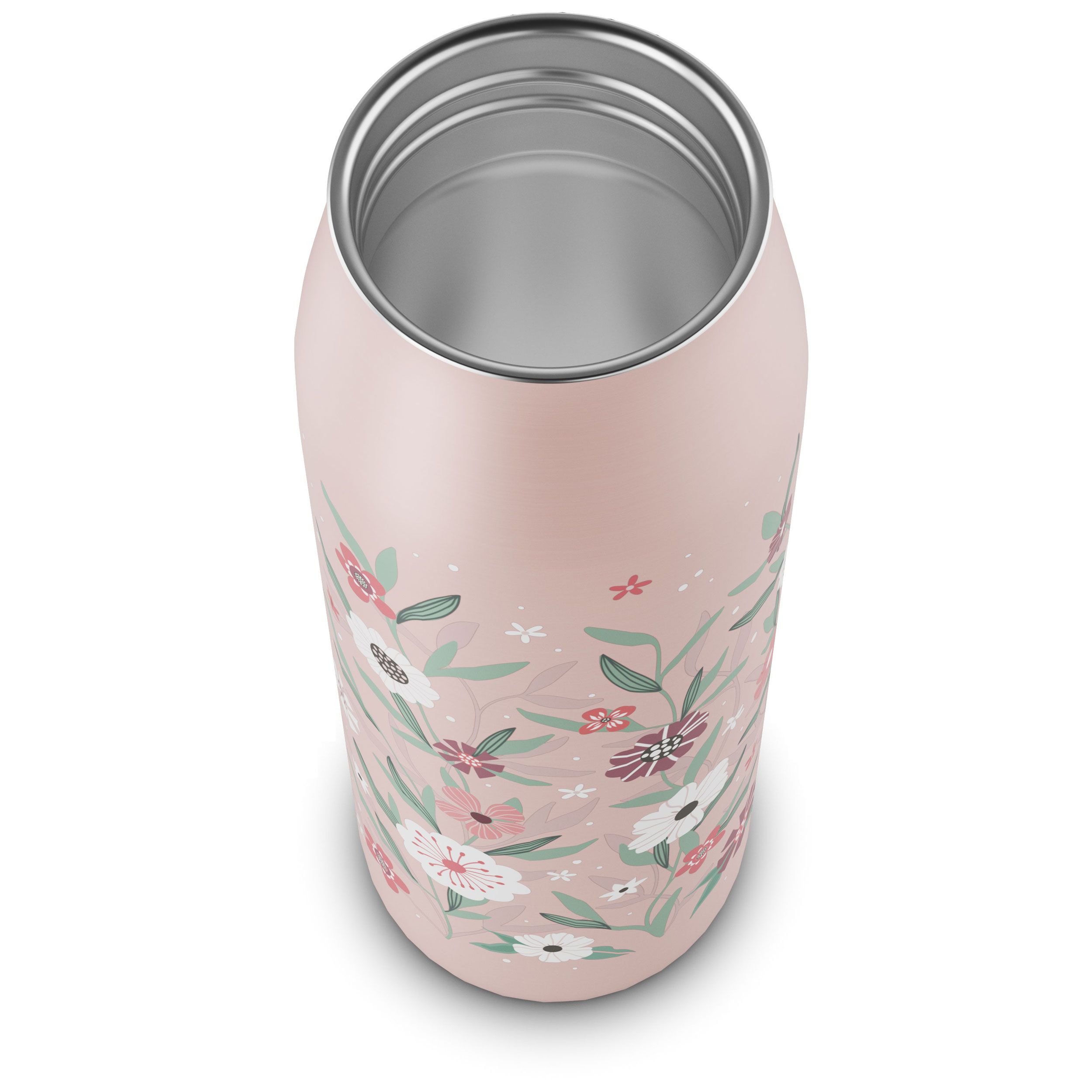 Rosa Isolierflasche mit Blumenmuster, von oben, Innenansicht.
