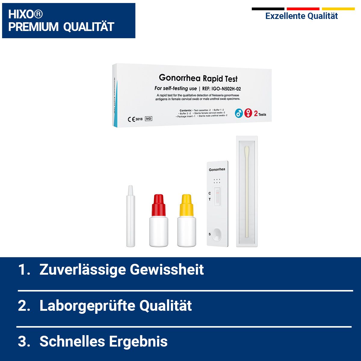 HIXO Premium Qualität Gonorrhoe Schnelltest. Zuverlässig, laborgeprüft, schnelles Ergebnis für den Heimgebrauch.