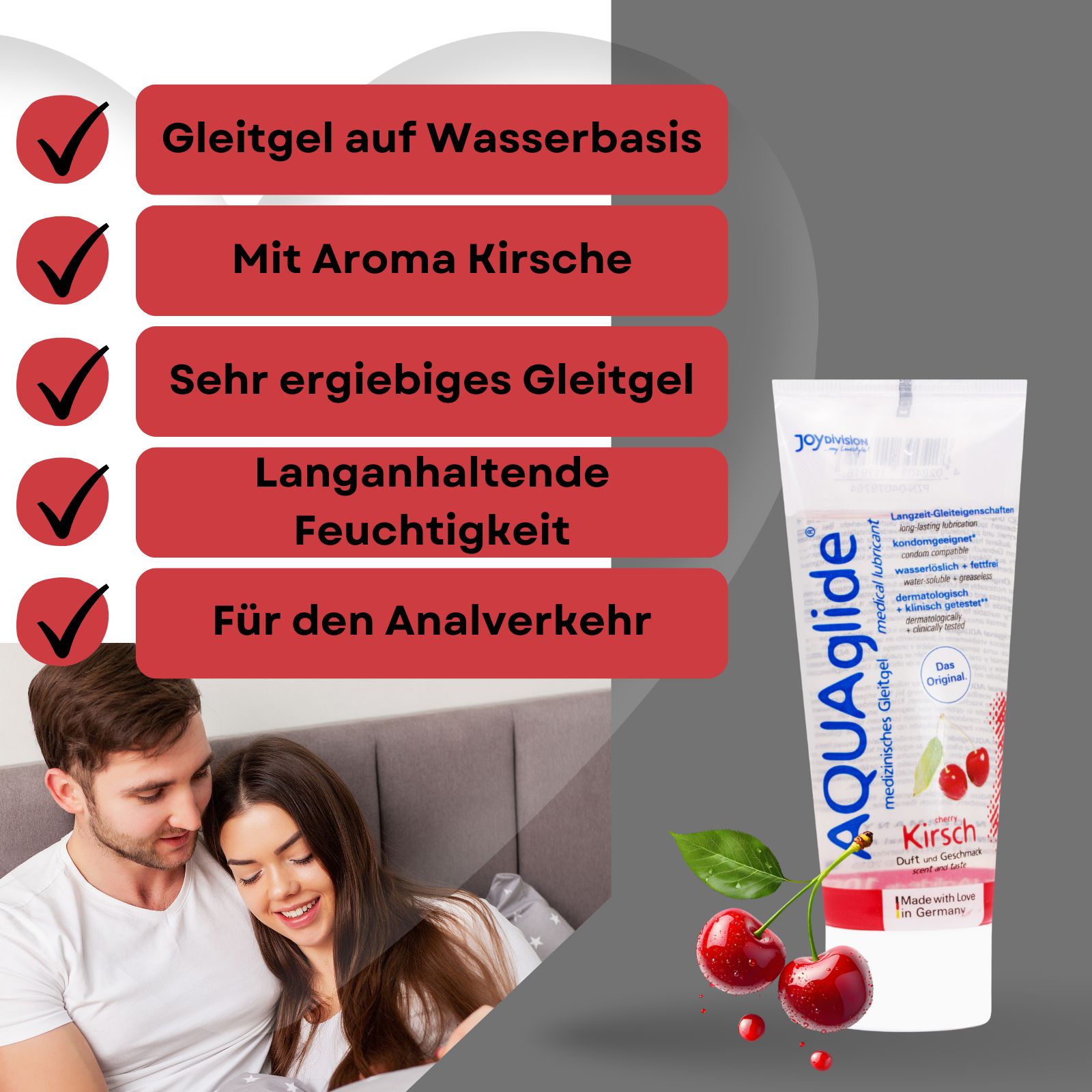 AQUAglide Kirsch, Gleitgel. Produkt-Tube neben Textfeldern. Paar im Bett. Kirschen und Produkt-Tube.