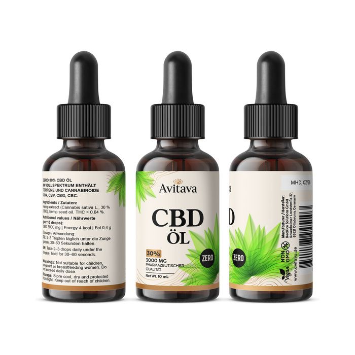 Drei Avitava CBD Öl Flaschen mit Pipetten. 30% CBD, 3000 mg, pharmazeutische Qualität.