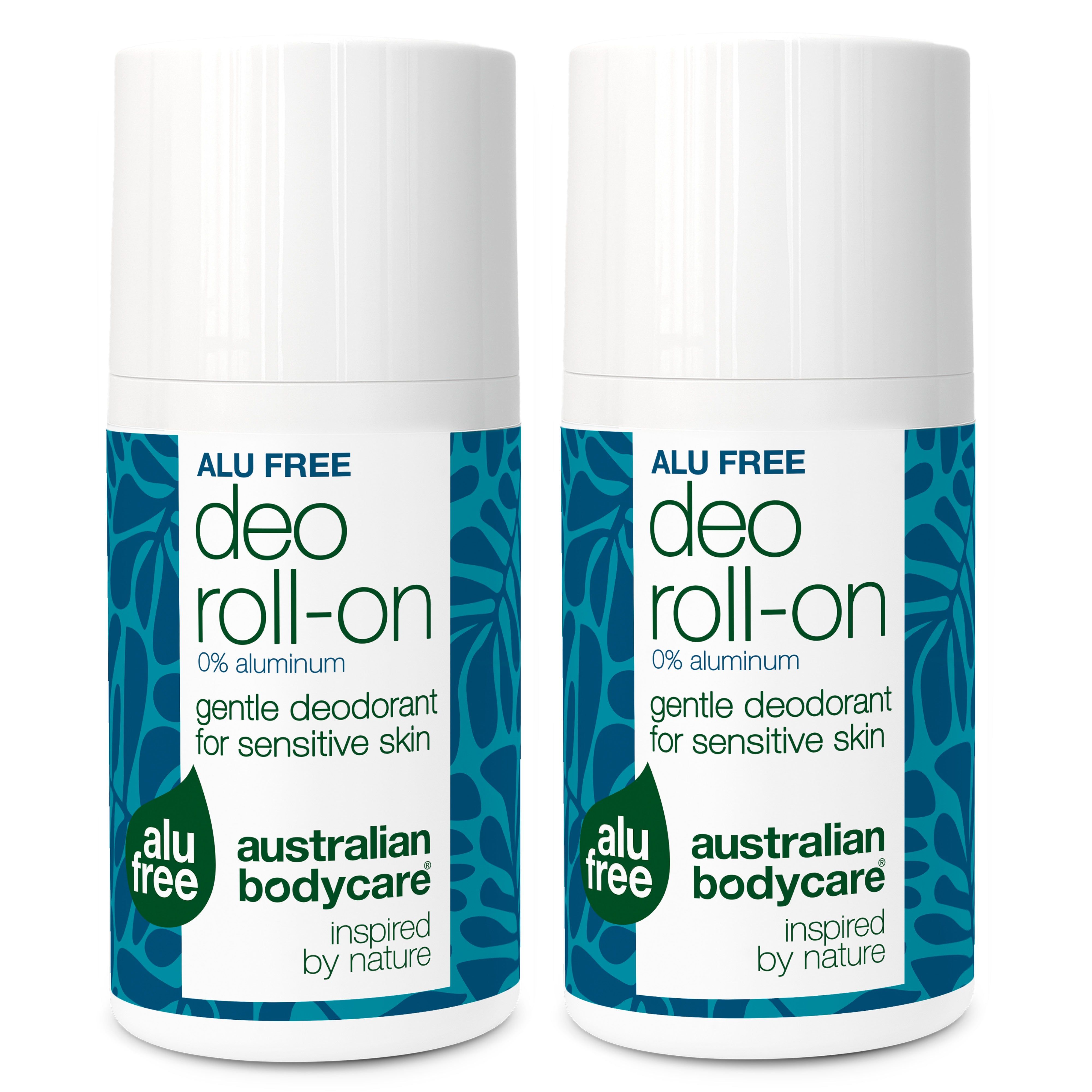 Zwei Deo Roll-on von Australian Bodycare. Weiße Behälter mit blauer Verzierung. Text: Alu Free, Deo Roll-on, 0% Aluminium.