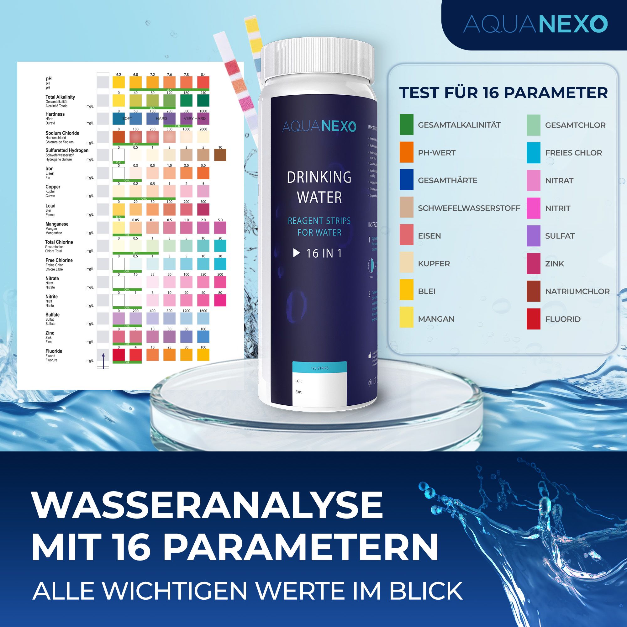 Aquanexo Trinkwasser Teststreifen  125 st. - 16 Werte messbar