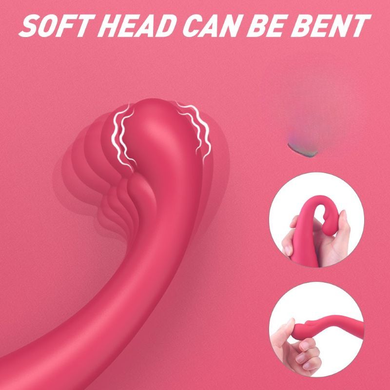 Rosa Vibrator mit Text: SOFT HEAD CAN BE BENT. Detailansichten.