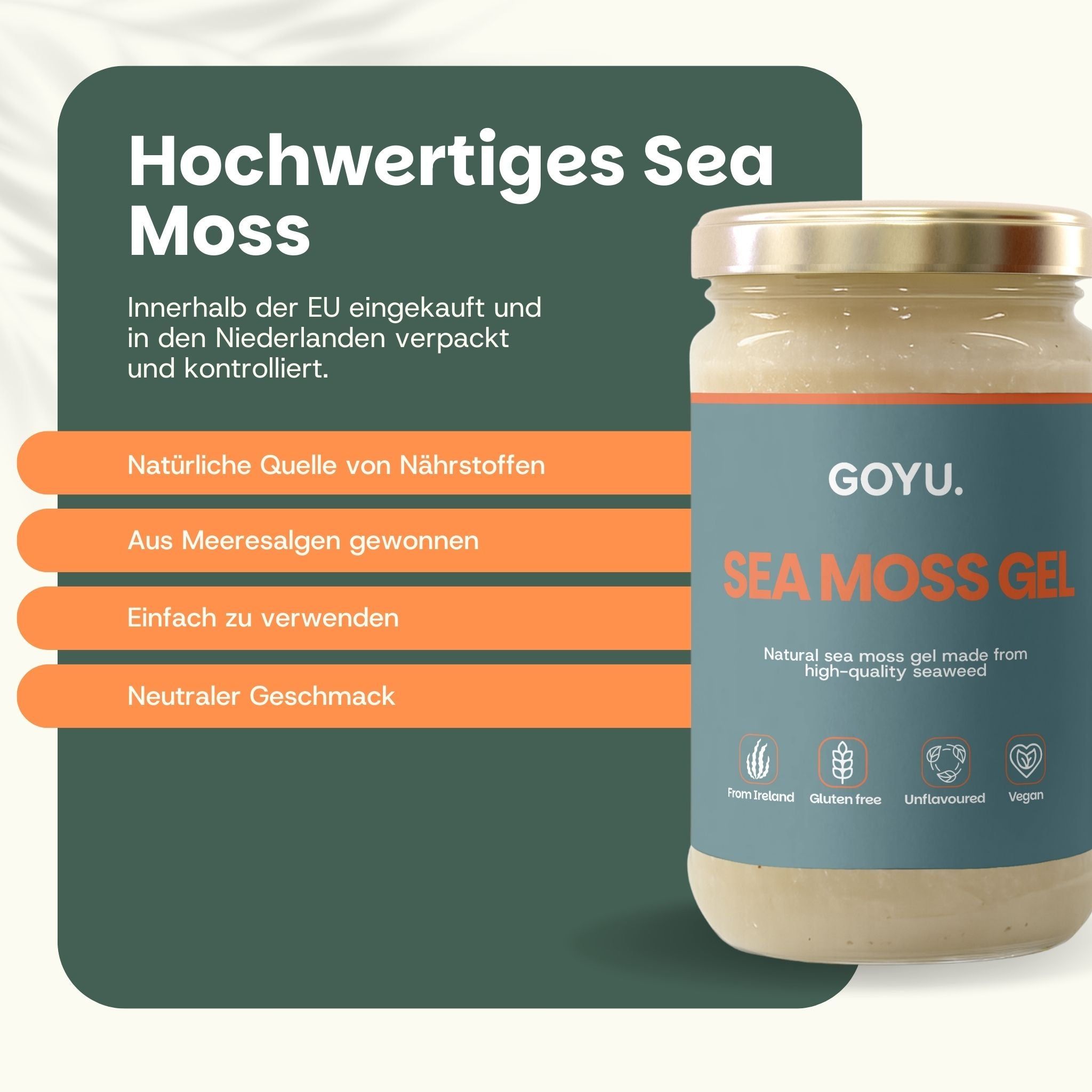 GOYU Sea Moss Gel in einem Glas mit goldenem Deckel. Links werden Vorteile wie 'Natürliche Quelle von Nährstoffen' aufgeführt.