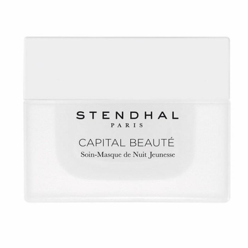 Weißer Tiegel mit Deckel. Aufschrift: STENDHAL PARIS, CAPITAL BEAUTÉ, Soin-Masque de Nuit Jeunesse.
