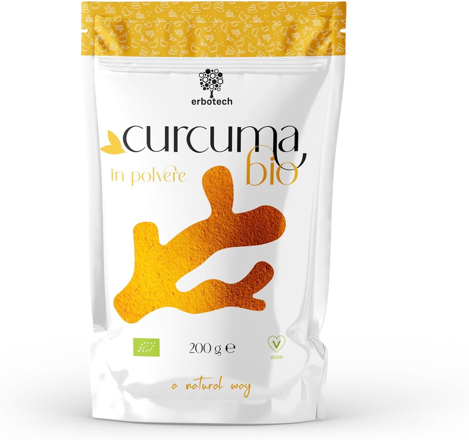 Beutel mit ERBOTECH Bio-Kurkumapulver. Gelbes Logo, Schriftzug "curcuma, bio". Bio-Siegel und veganes Symbol.